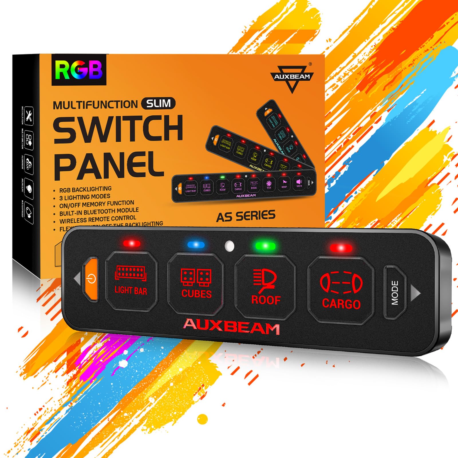 Auxbeam 4 Gang Slim Switch Panel RGB AS-R40 Automatic Dimmable Switch Panel with Toggle Momentary Pulsed LED Control Panel Off Backlight 12-24V for Truck Offroad Car Boat Waterproof, 2-Year Warranty