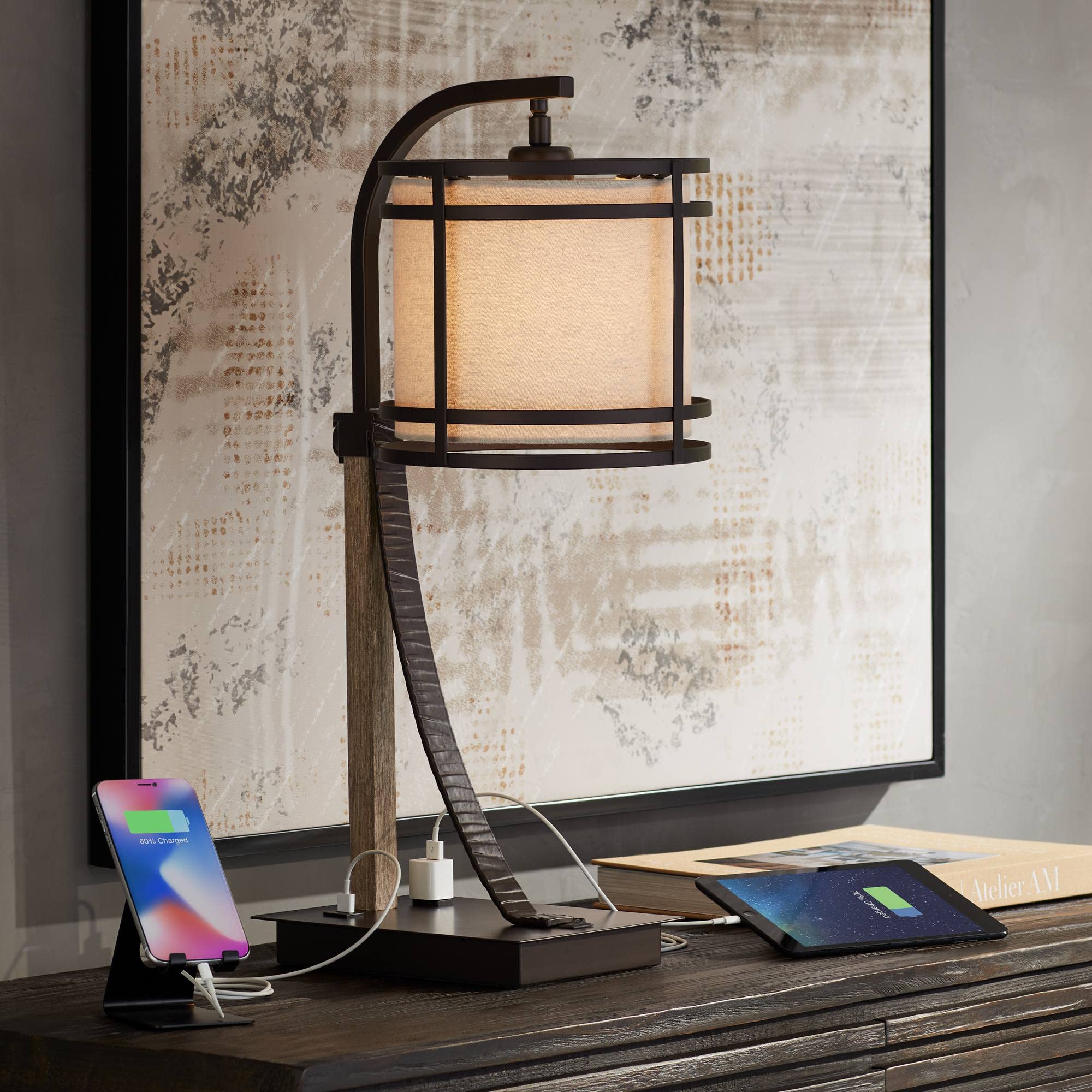 Franklin Iron Works Gentry Industrial Desk Table Lamp 22" High with USB and AC Power Outlet in Base Oil Rubbed Bronze Faux Wood Metal Cage Oatmeal Drum Shade for Bedroom Living Room House Desk