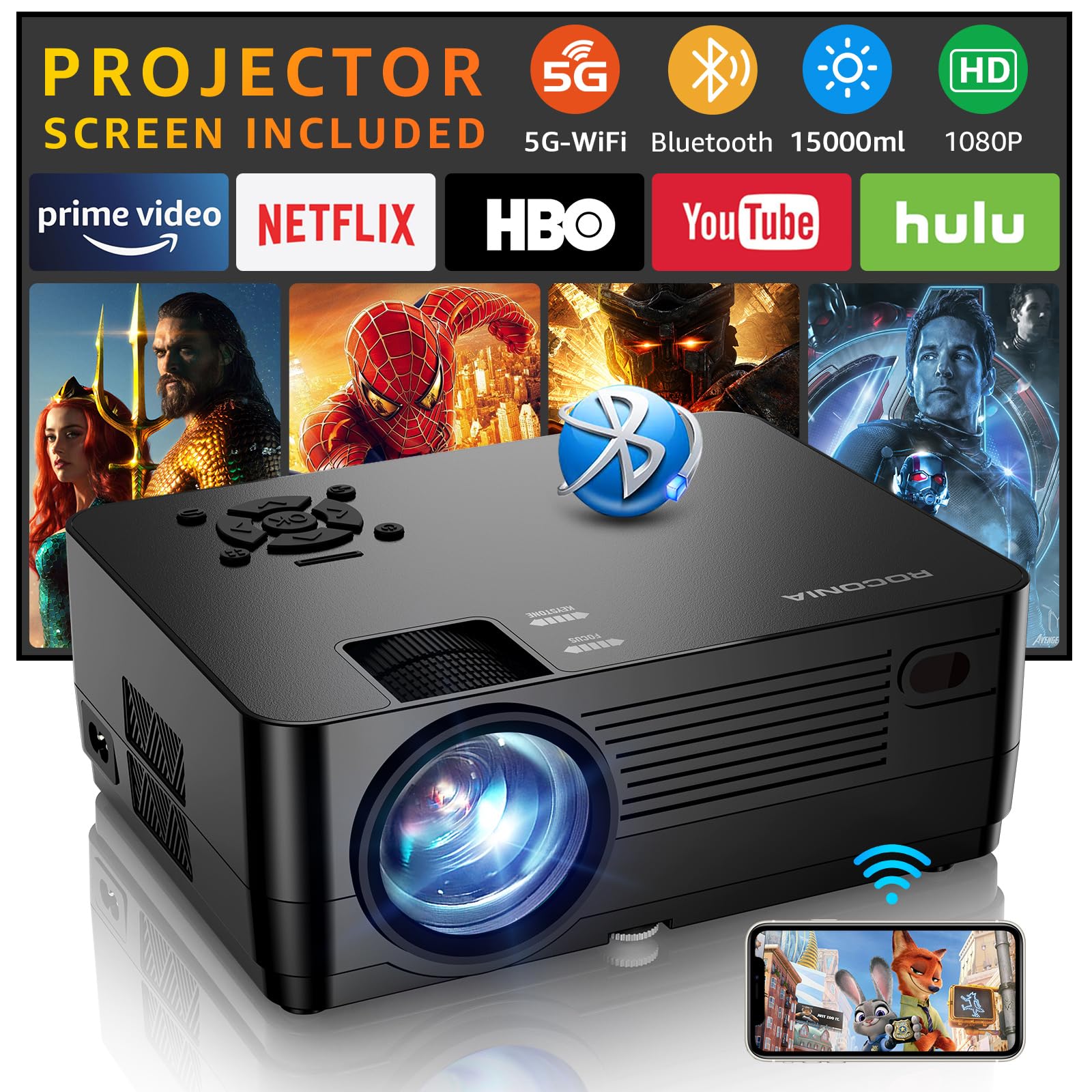 Projector with 5G WiFi and Bluetooth, Native 1080P Projector[Projector Screen Included], Full HD 18000LM Movie Projector, 300" Display Support 4k Home Theater, Compatible with Phone/Laptop/TV Stick