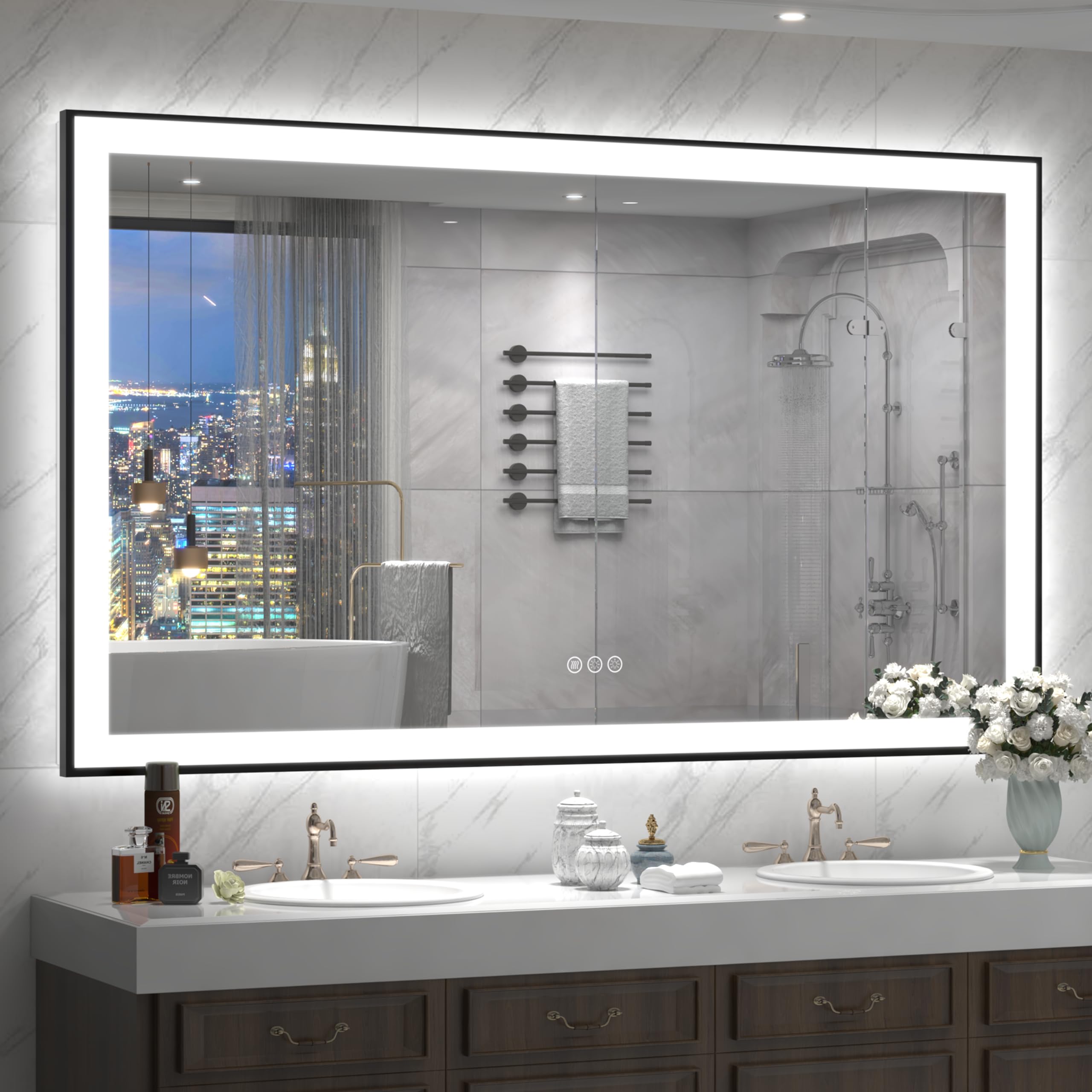 CHARMOR 57x36 LED Bathroom Mirror, Matte Black Framed Lighted Rectangle Vanity Mirrors for Wall, Front and Backlit, Dimmable, Anti-Fog, Memory, Shatterproof, ETL Listed (Horizontal/Vertical)