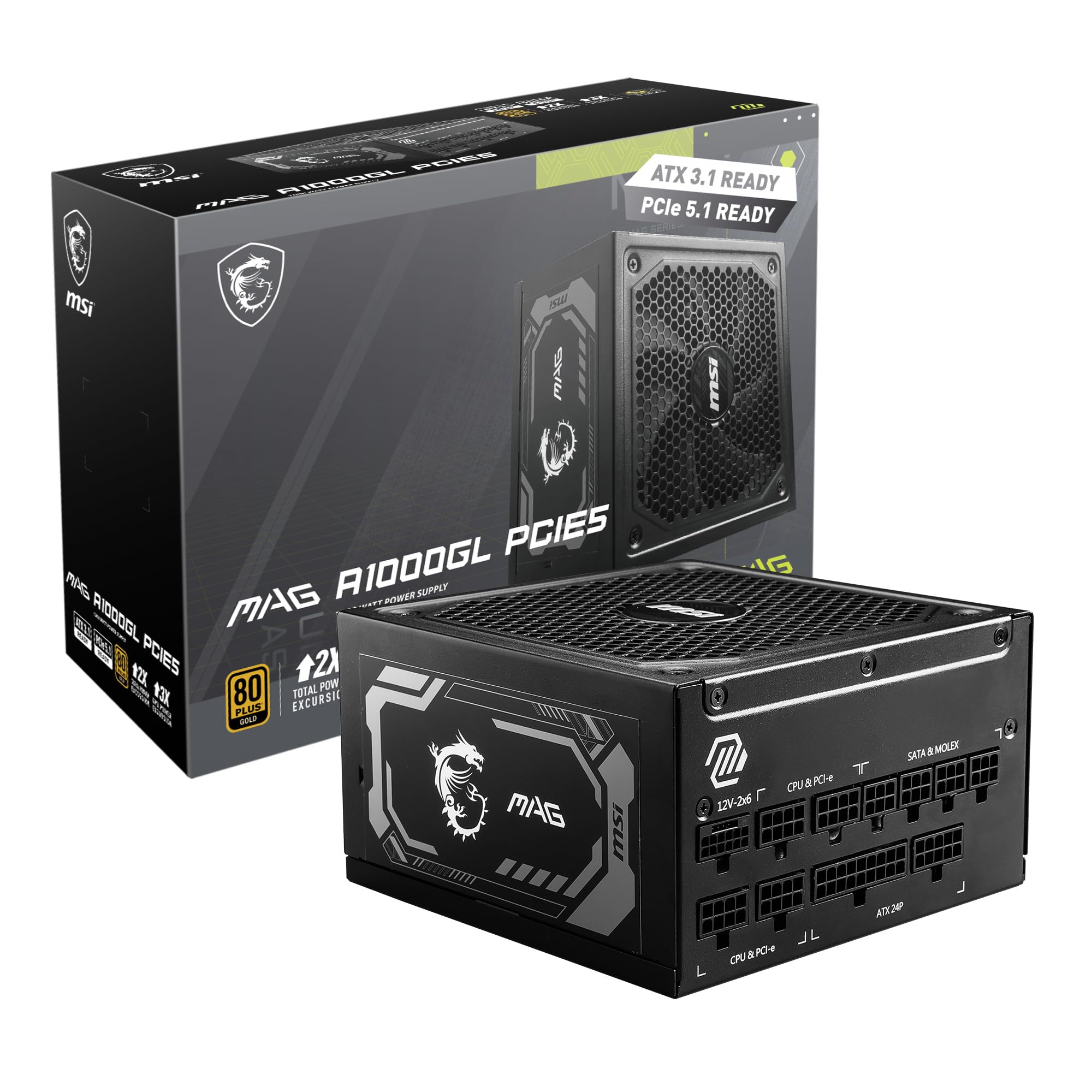 MSI MAG A1000GL PCIE 5 Gaming Power Supply - ATX 3.1 & PCIE 5.1 Ready - Full Modular - 80 Plus Gold Certified 1000W - Compact Size - ATX PSU - 10 Year Warranty