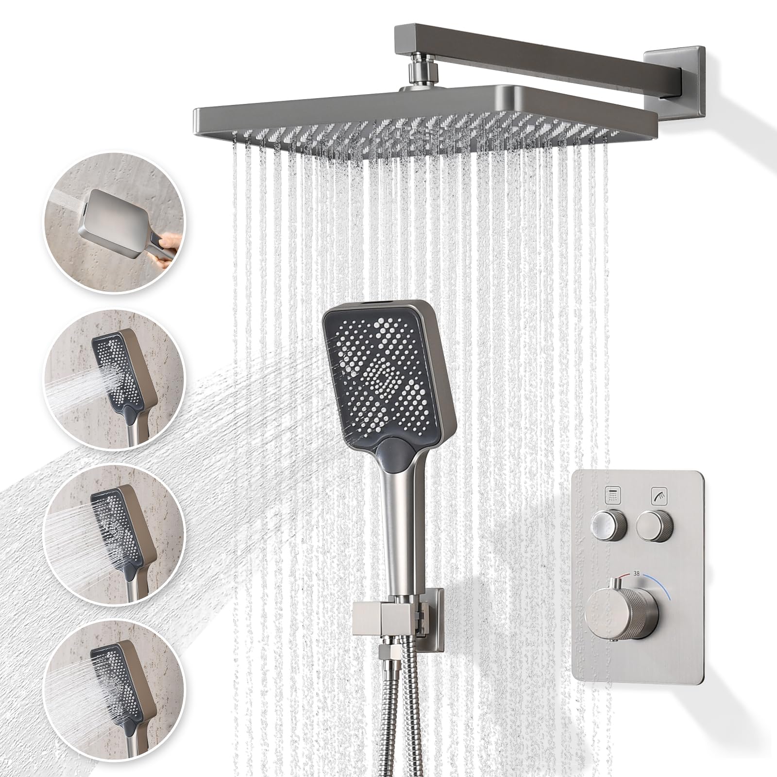 JQBQS Thermostatic Shower Valve/System 12 inches Nickel Brass Faucet Set With Diverter/Mixer With Handheld Rain Head High Pressure Modern Rainfall