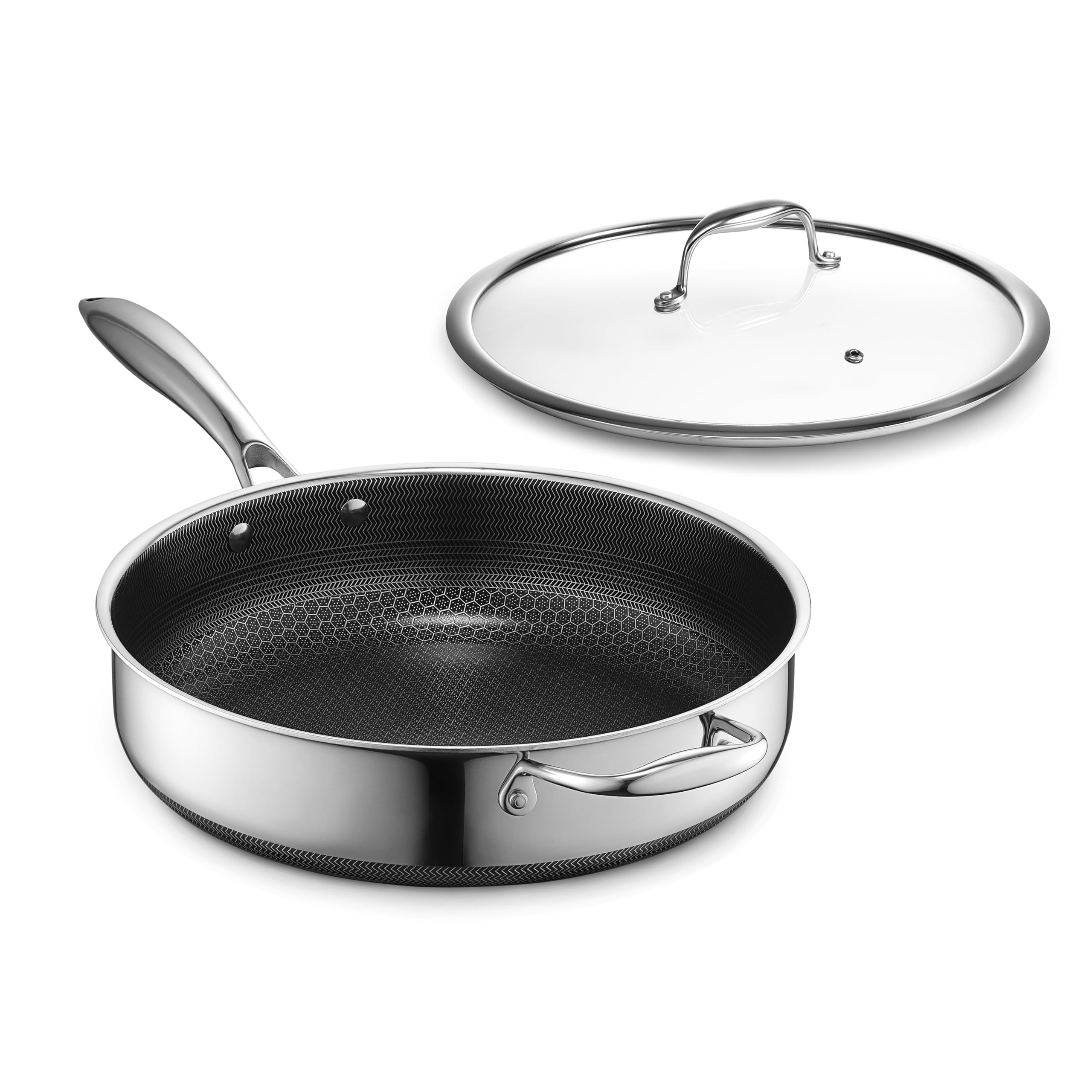 HexClad Hybrid Nonstick 4.5-Quart Deep Sauté Pan with Tempered Glass Lid, Stay-Cool Handle, Dishwasher-Friendly, Oven-Safe Up to 900°F, Induction-Ready, Compatible with All Cooktops