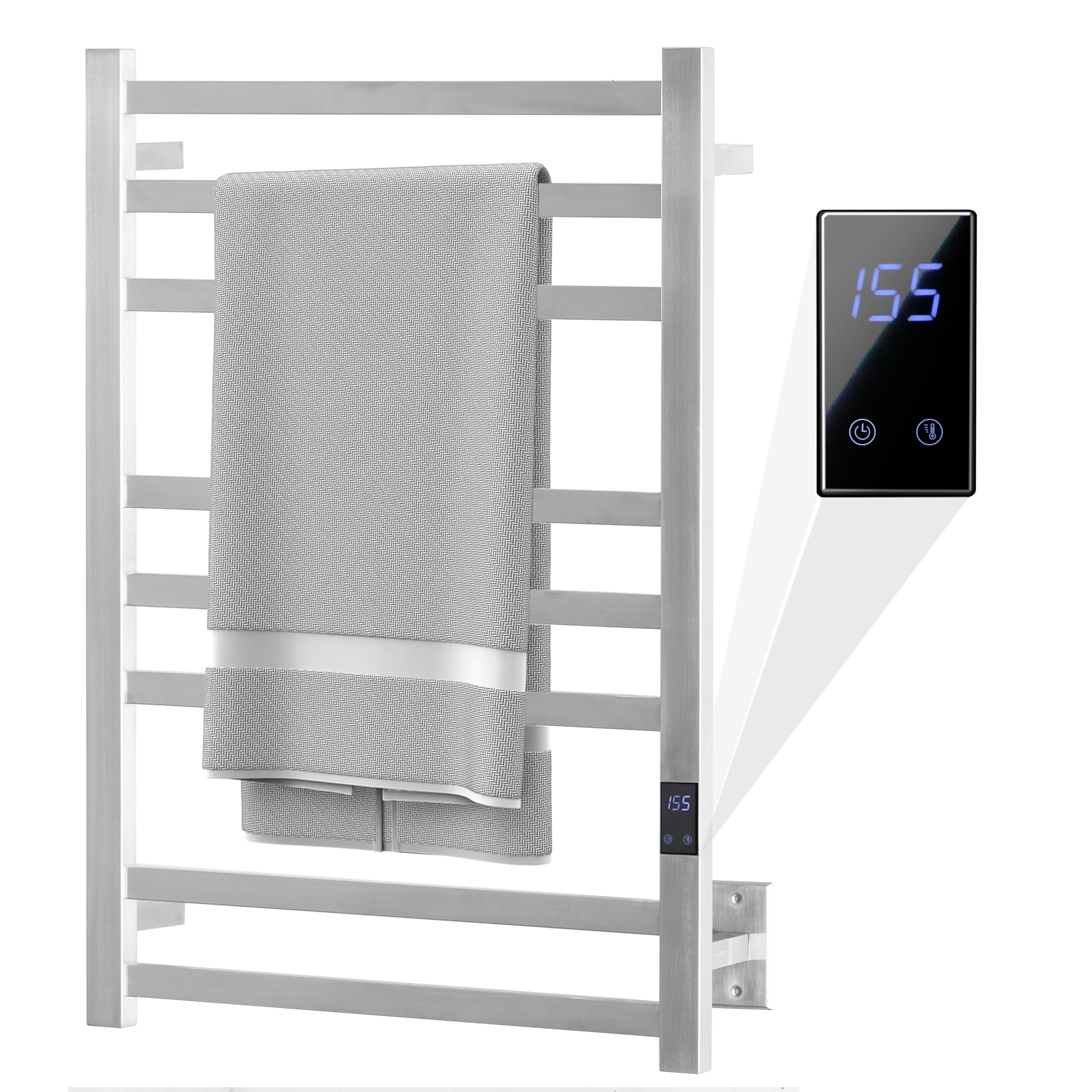 Peaktrivol 8-Bar Heated Towel Rack - Slim Design, Quick Heating, Adjustable Temperature, 24-Hour Timer - Brushed Stainless Steel - Ideal for Hot Towels in Bathroom
