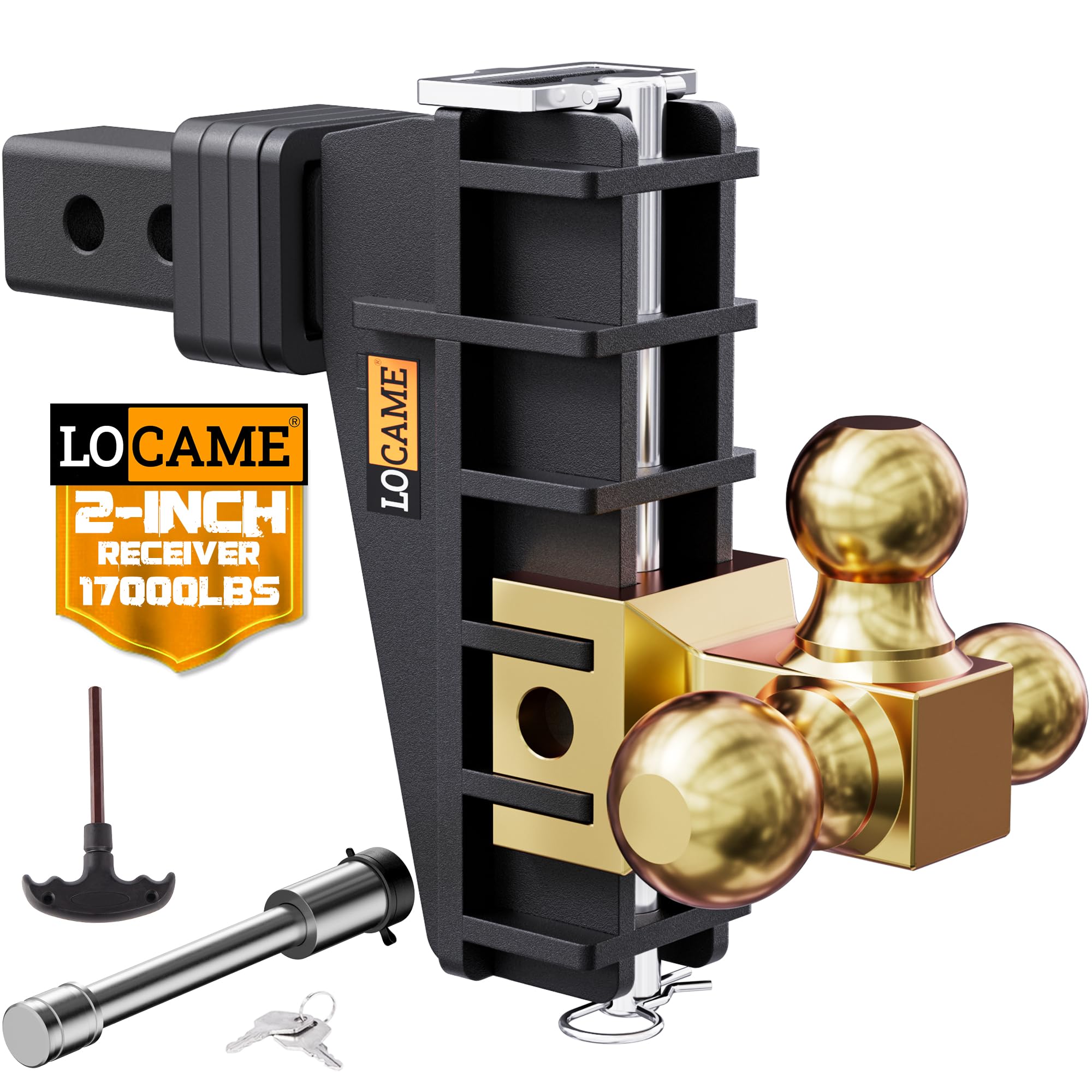 LOCAME Adjustable Trailer Hitch, Tri-Ball(1-7/8'', 2'', 2-5/16''), Fits 2 Inch Receiver, 6 Inch Drop Hitch, 17000 LBS GTW, Heavy Duty Trailer Hitch for Truck, Gold, LC0080