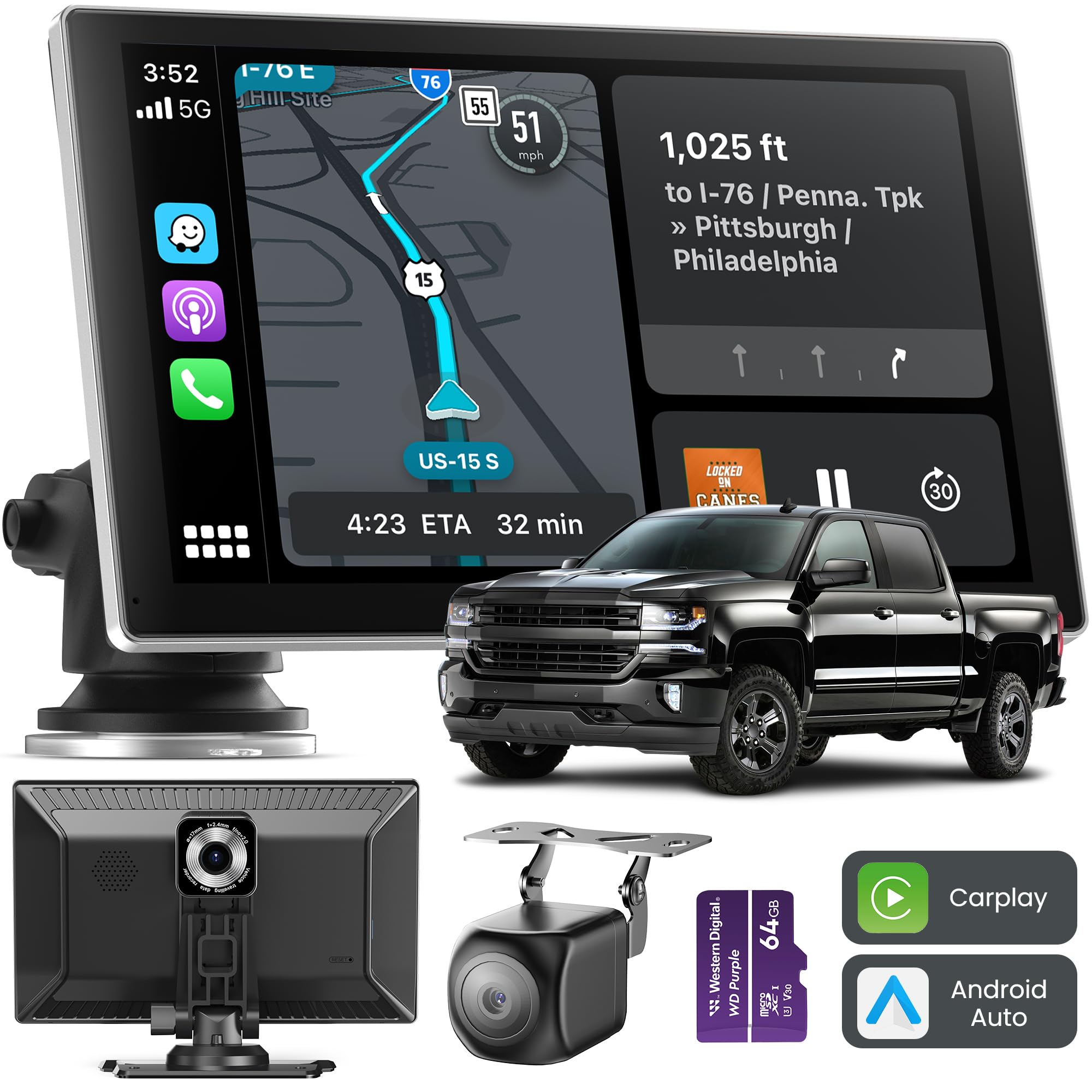Jzones Carplay Screen for Car, 9" Portable Wireless Carplay&Android Auto, 4K Dash Cam,1080P Backup Camera, Car Satellite Radio with GPS Navigation, Mirror Link, Bluetooth,FM, Siri
