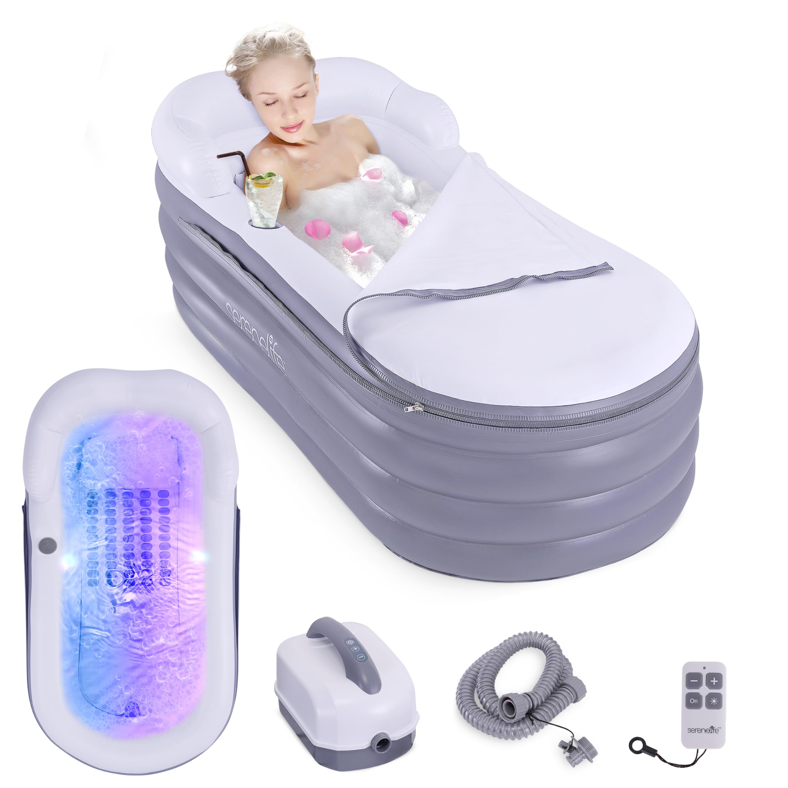 SereneLife Jacuzzi Spa Bathtub with Bubble Massage Mat - Inflatable Bath w/Built-In Heater, Includes Inflatable Pillow, Cup Holder, Remote Control for LED Lighting, Backrest & Armrests