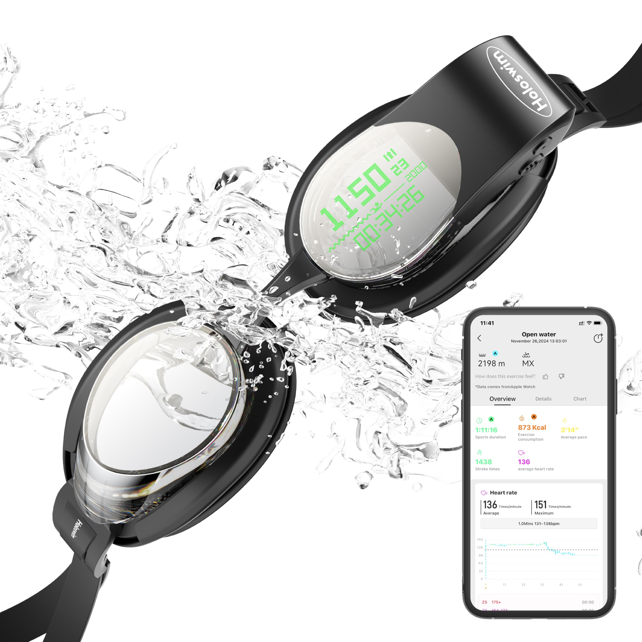 Holoswim Smart Swim Goggles, 2GO Swimming Goggles for Men Women Adult, AR Real-time Display, AI Data Analysis, Magnetic Quick Charge, Anti-fog Goggles for Swim