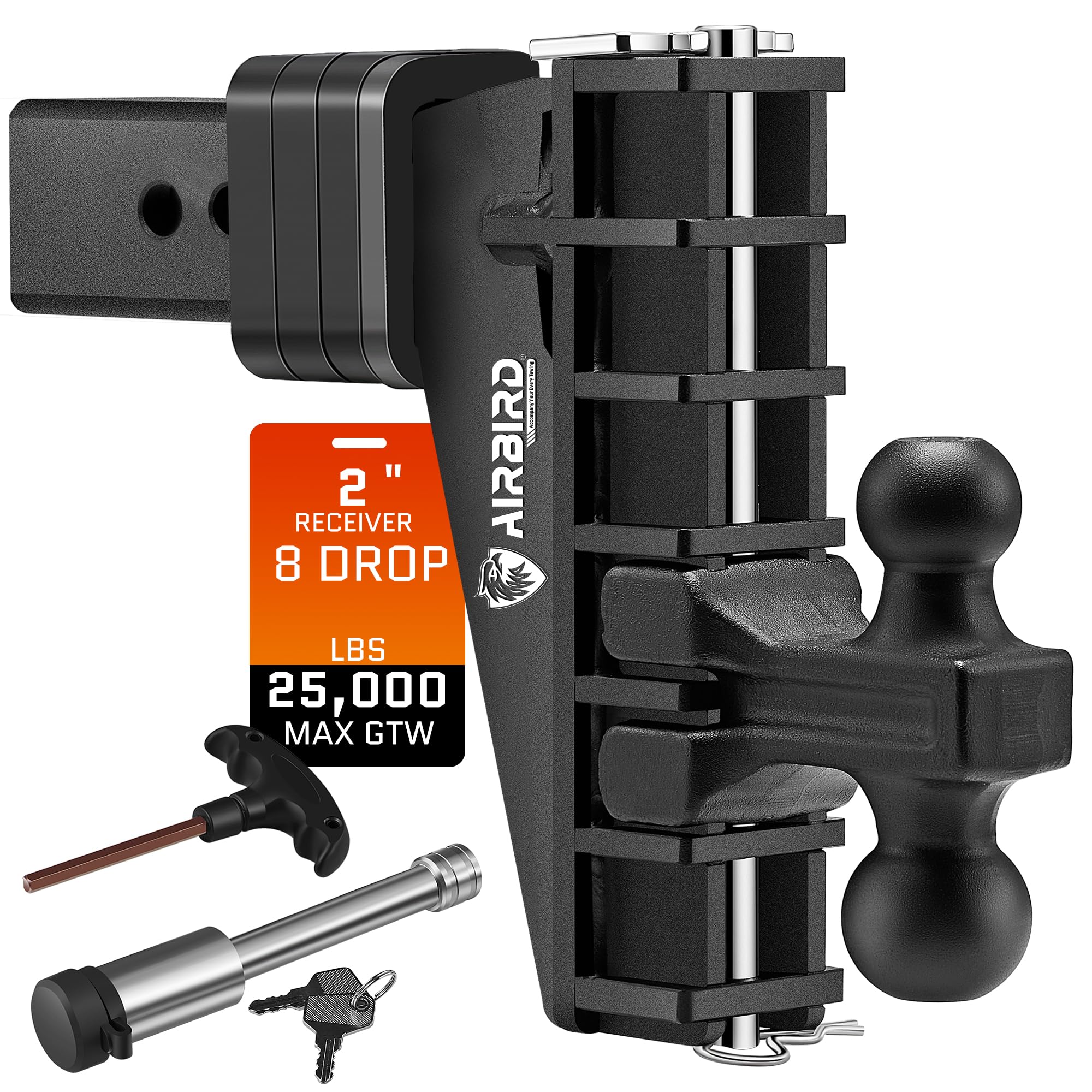 Airbird Adjustable Trailer Hitch Fits 2 Inch Receiver, Heavy Duty Tow Hitches 8 Inch Drop Truck Hitch (25000 LBS GTW), Forged 2 and 2-5/16-Inch Balls, Black