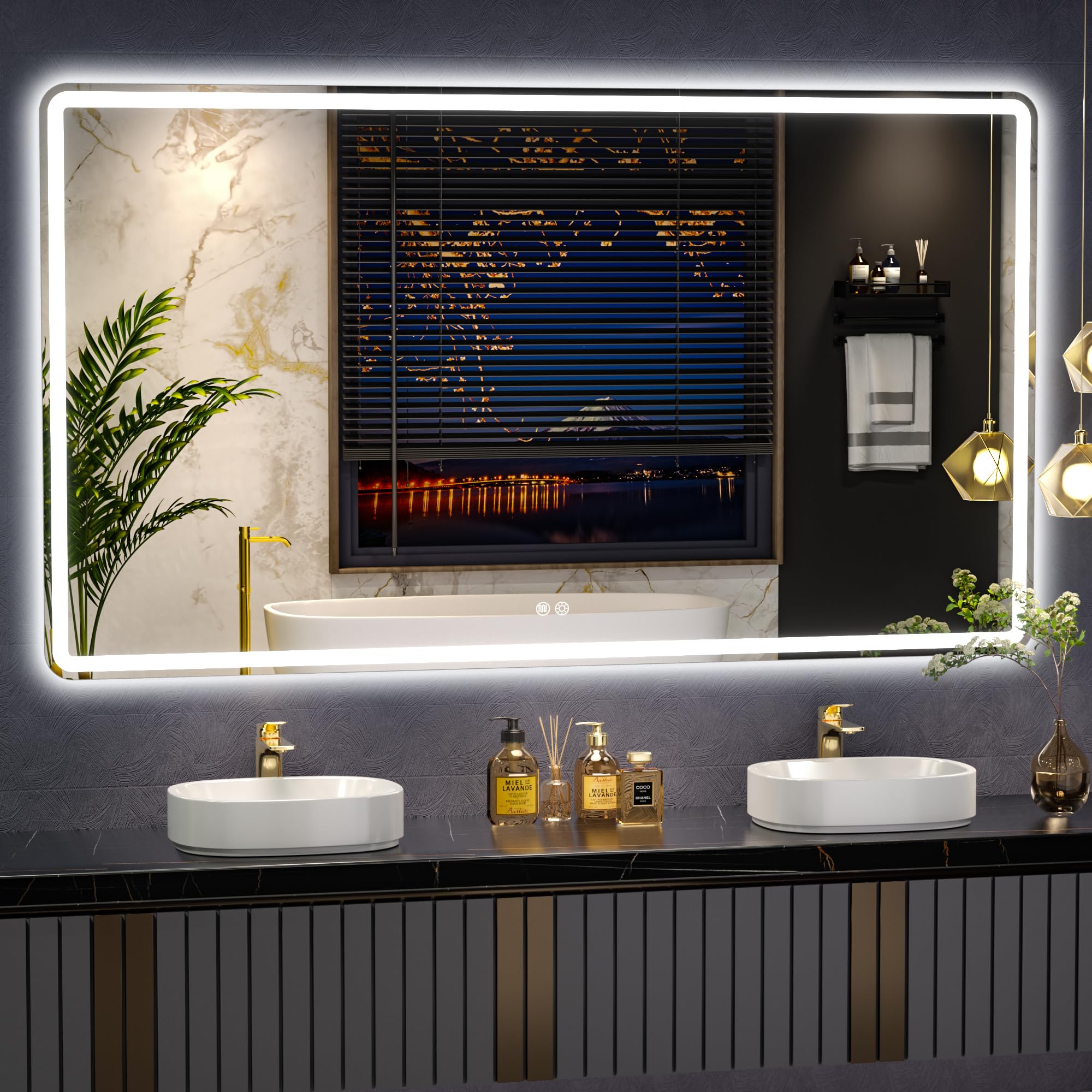 Vosuja 48x30inch LED Bathroom Mirror Rounded Corner Rectangle Frameless, 3 Colors Lighted & Stepless Dimmable Vanity-Mirror-with-Lights, Anti-Fog, Horizontal/Vertical Hanging Wall Mirror