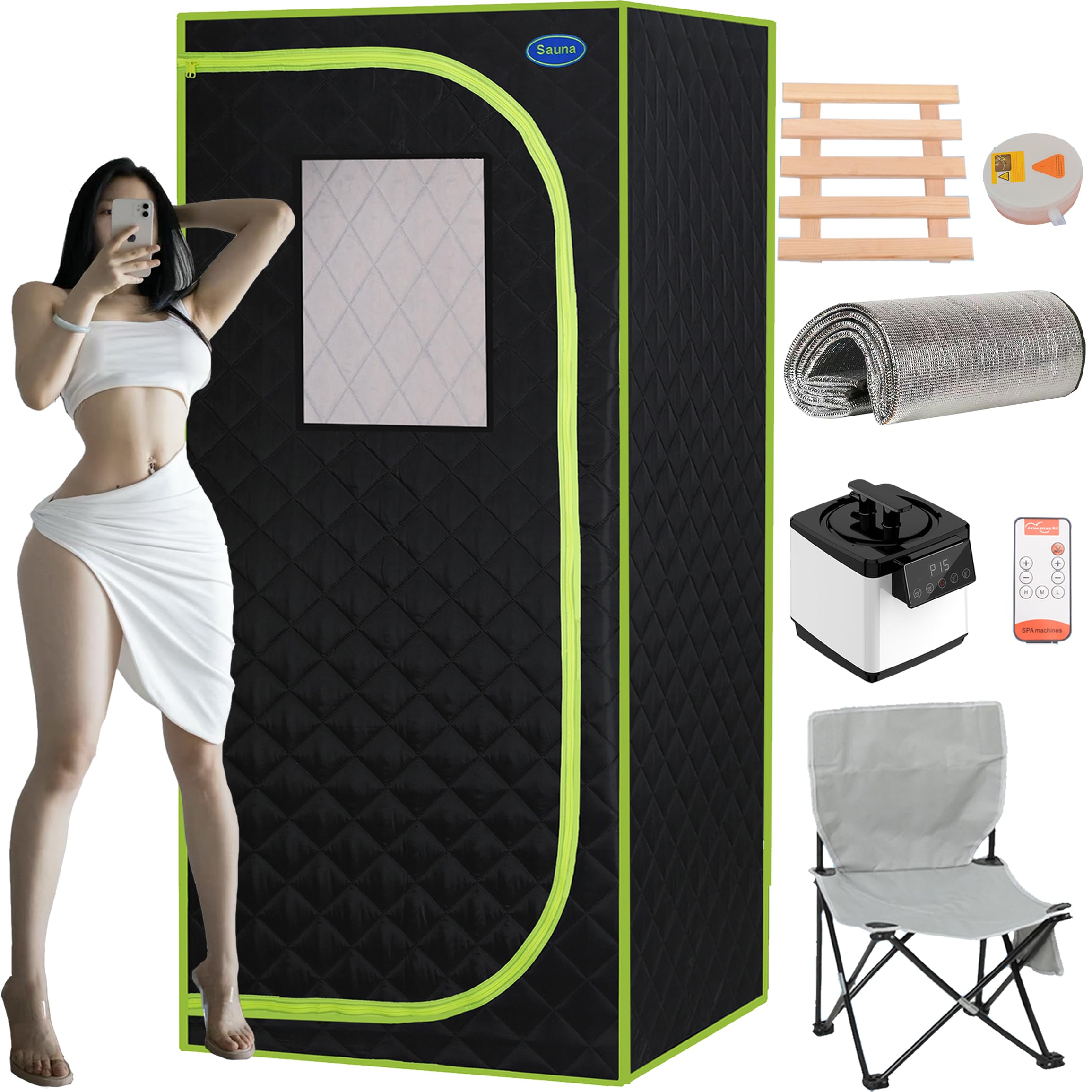 Portable Steam Sauna, Personal Sauna Box, Home Sauna Tent, Thick Triple-Layer Insulated Oxford, 2.2L Steamer, Remote Control, Folding Chair, 15 Levels of Temp, Steel Pipe Bracket 2.63’ x 2.63’ x 5.8’