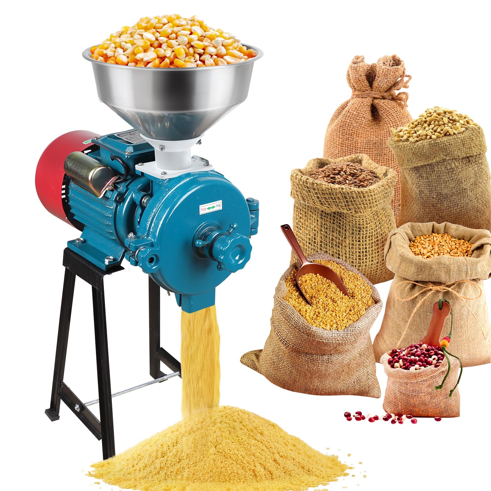 Snowtaros Electric Grain Mill Grinder 3000W 110V, Commercial Corn Grinder with Funnel, Dry Feed Grain Mill Machine, Thickness Adjustable, Powder Grinder for Grain Corn Rice Herbs Pepper (Dry Grinder)