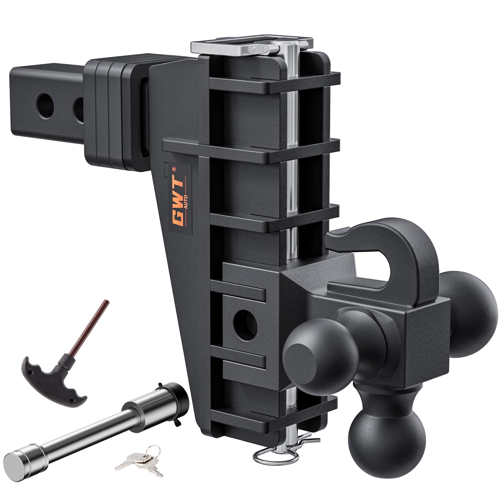 GWTAUTO Adjustable Trailer Hitch with Hook, Tri-Ball (1-7/8" x 2" x 2-5/16") Drop Hitch, Fits 2-Inch Receiver, 6 Inch Drop Hitch, 17000 LBS GTW-Class 3 Tow Hitch for Heavy Duty Truck, Solid Ball Mount
