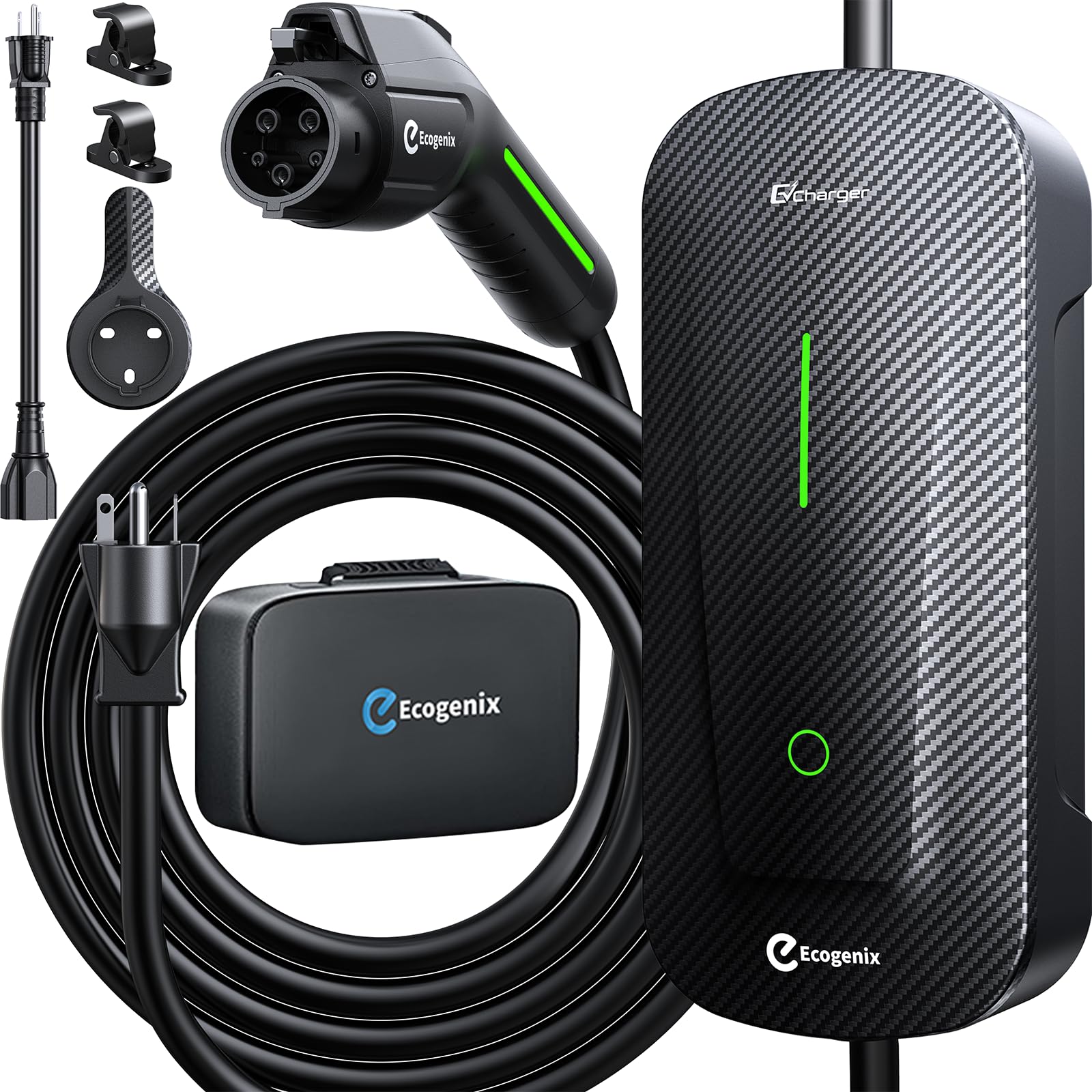 Carbon Fiber Level 1+2 EV Charger (16Amp, 110V-240V, 25ft Cable) Portable Fast Charger with Holder, NEMA 6-20P, Works with All J1772 EV and Hybrid Vehicles, for Home and Outdoor, Black, Ecogenix EC23