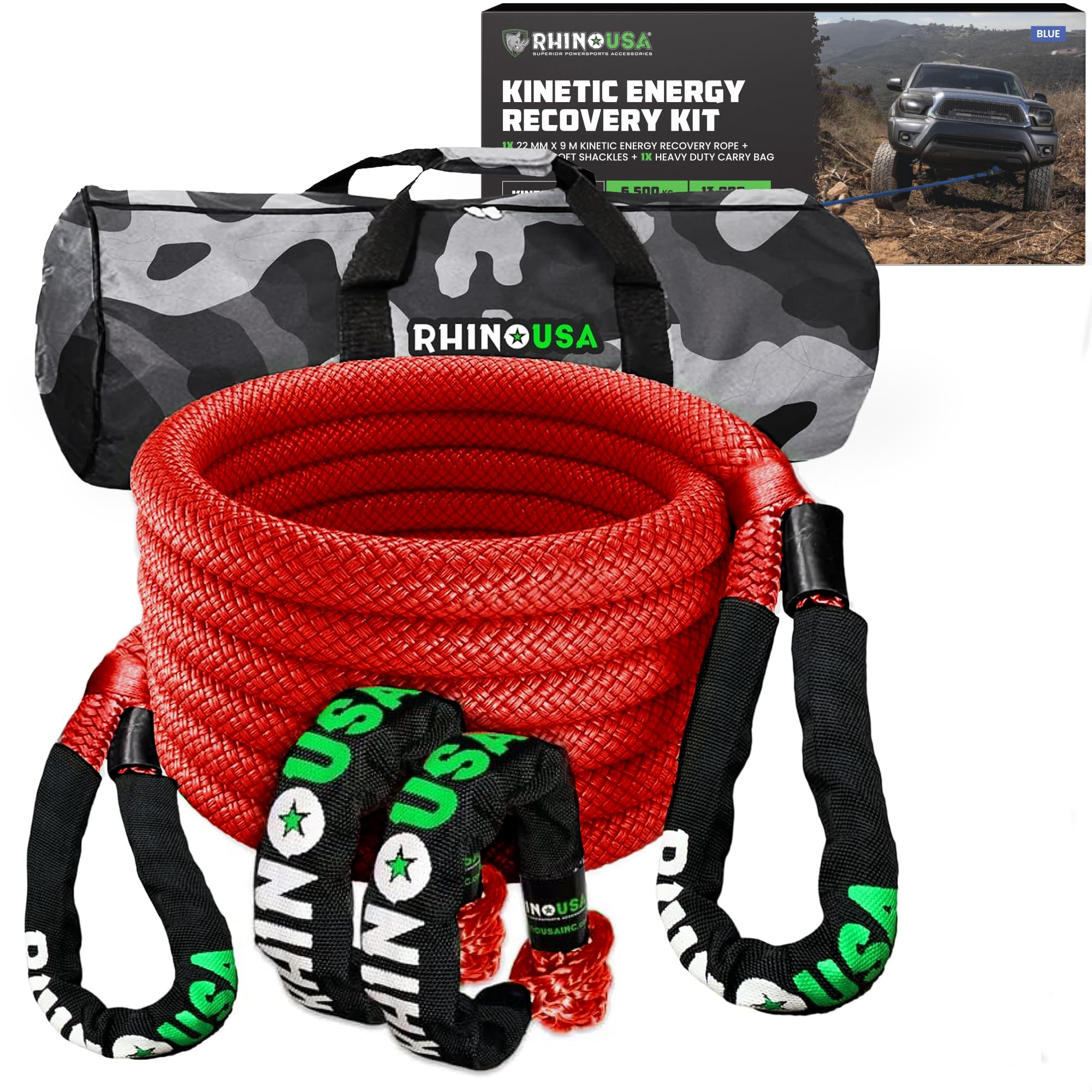 Rhino USA Kinetic Rope Recovery Kit (7/8in x 30ft) - Heavy Duty Offroad Snatch Strap - Includes 2 Soft Shackle for UTV, ATV, Truck, Car, Jeep, Tractor