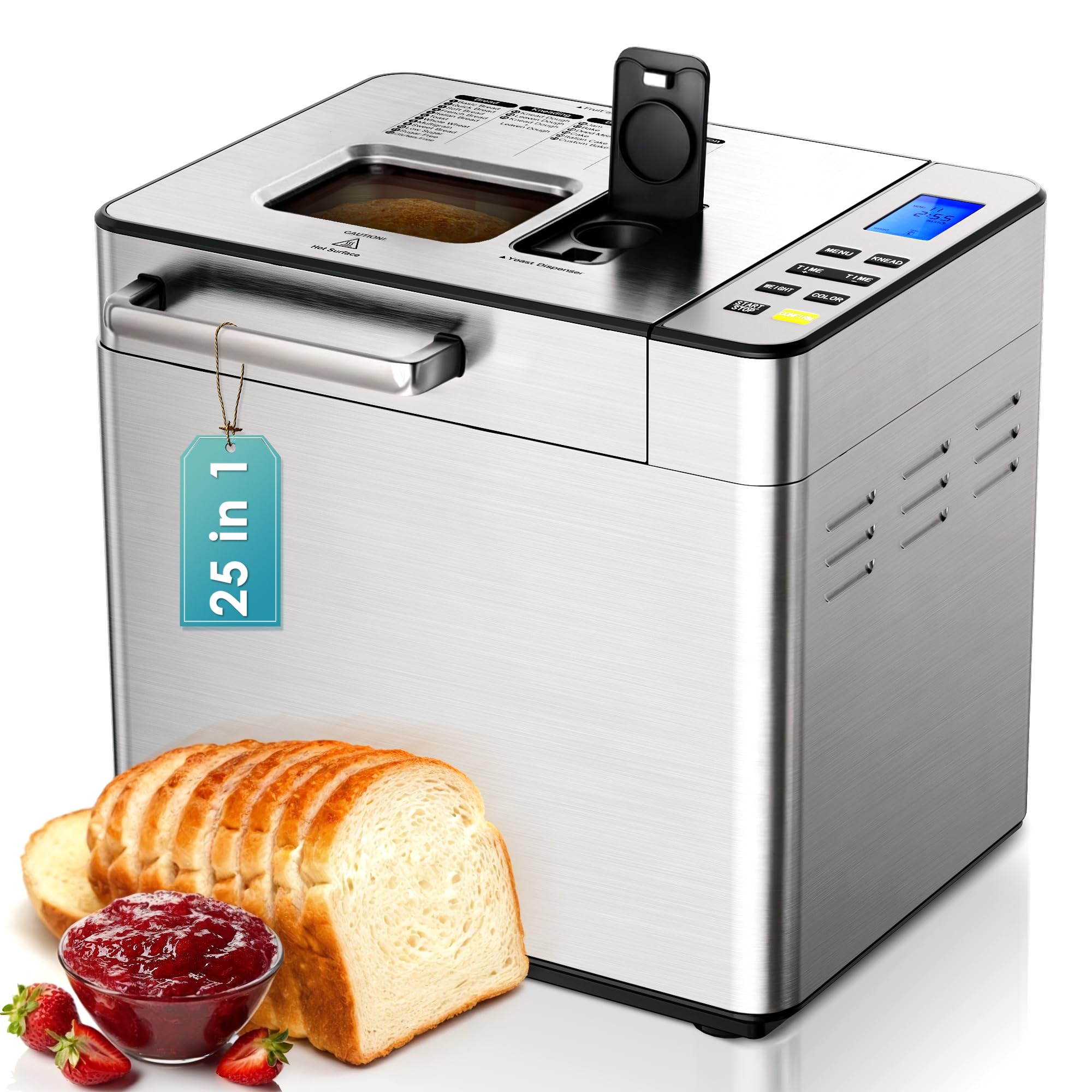 EUHOMY 25-in-1 Bread Maker Machine 2LB Breadmaker, Bread Machines with Nut Dispenser and Yeast Dispenser, 3 Loaf Sizes 3 Crust Colors, Dough Maker with Customized Options, Gluten-Free, Recipe, Gifts