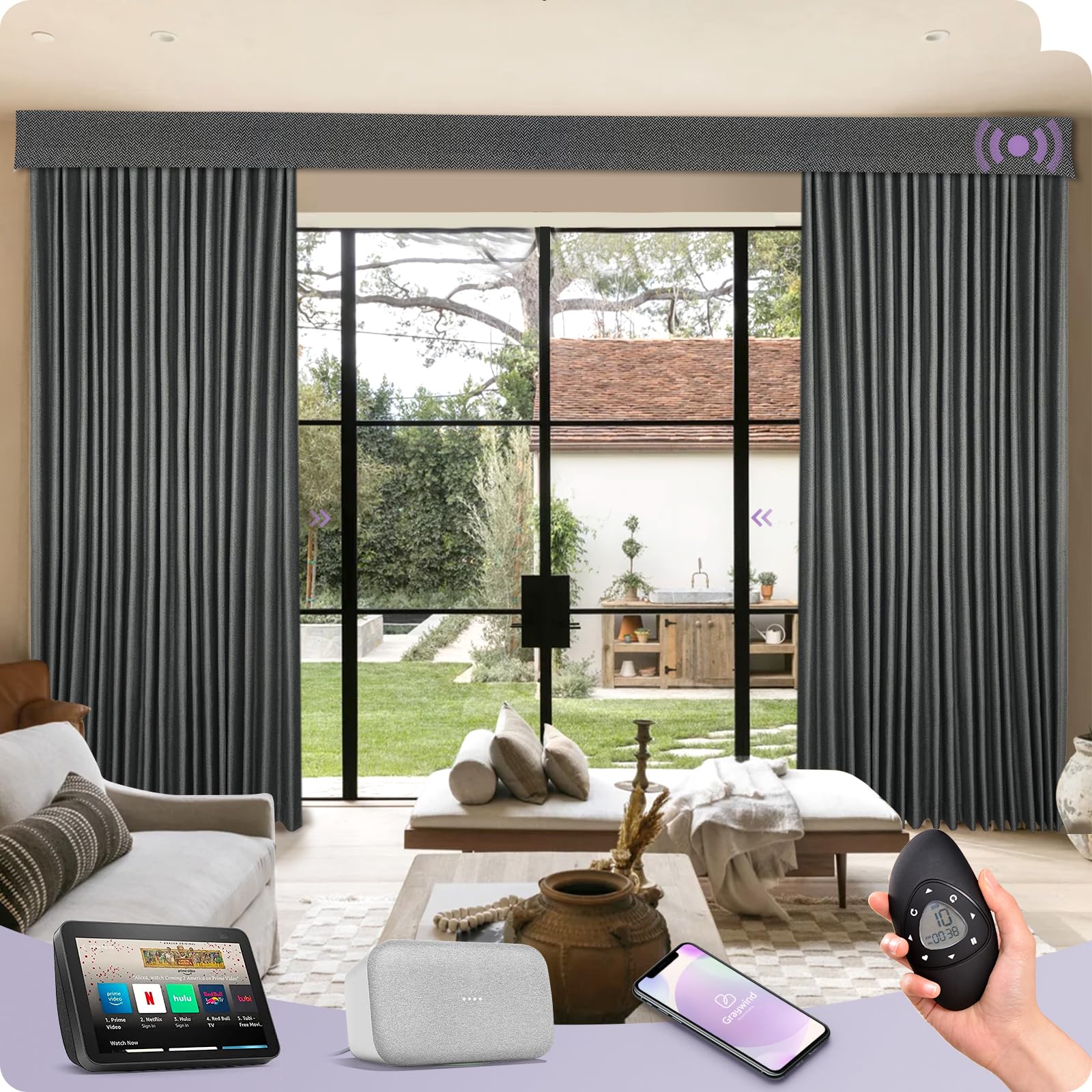 Graywind Hardwired Smart Curtains Compatible with Alexa Google Remote Control Motorized Drape for Sliding Door One-Way or Split Draw, Custom Width to 220" (Blackout Chevron Series)