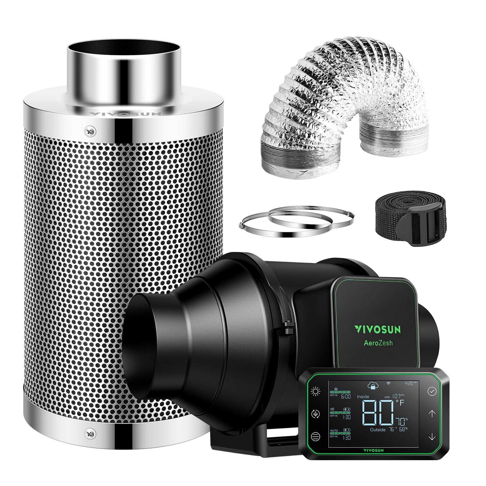 VIVOSUN Smart Air Filtration PRO S4 Kit 4", AeroZesh S4 Inline Duct Fan w/GrowHub E42A Temp. Humidity WiFi-Controller, Carbon Filter & Ducting, Cooling & Ventilation System for Grow Tent, Hydroponics