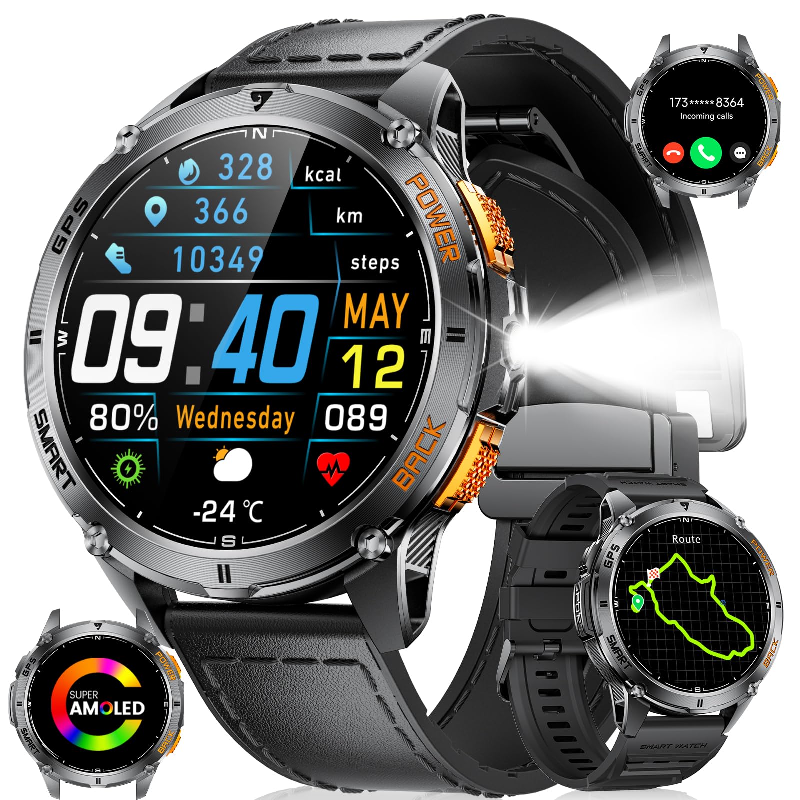 LIGE GPS Smart Watch for Men, Compass/LED Flashlight/6 Satellite Positioning/1.43" AMOLED Smartwatch, 100+ Sports Mode Fitness Tracker Watch for Android iOS, IP68 Waterproof Watch for Swimming