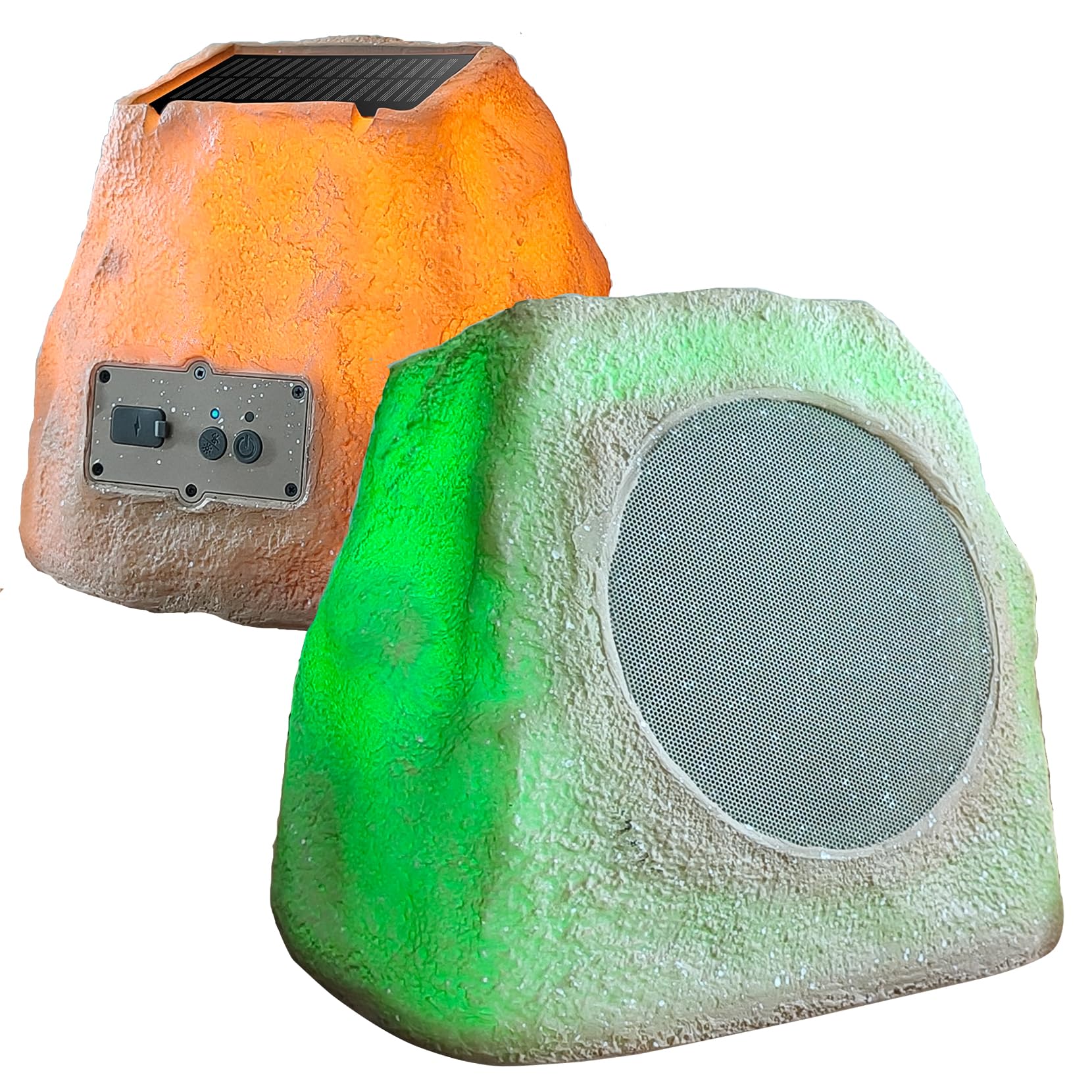 Outdoor Rock Speaker 60W Deep Bass Multi-Sync up to 100 Speakers Auto-Pairing, IPX7 Waterproof Solar-Powered with LED Lights Perfect for Pool, Garden, Patio, Ideal for Music Entertainers - 2 Pack