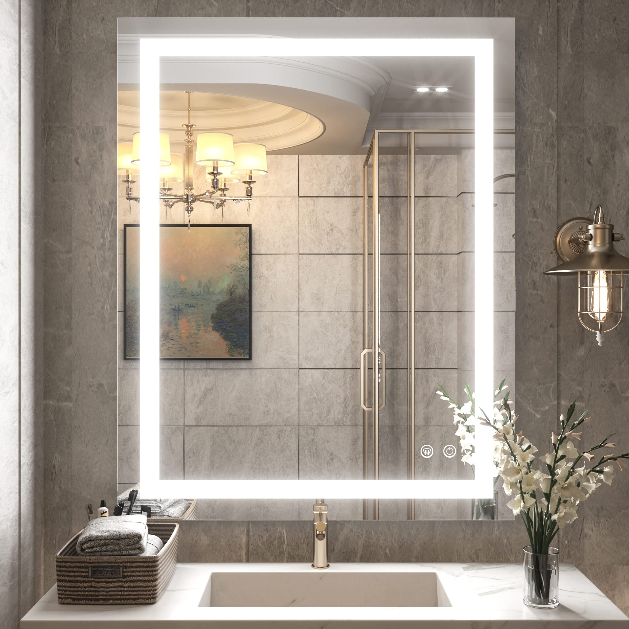 TETOTE 30 x 36 Bathroom LED Mirror Vanity Mirror with Lights,Dimmable,Anti-Fog,Makeup Wall Mounted Modern Lighted Mirror, Tempered Glass