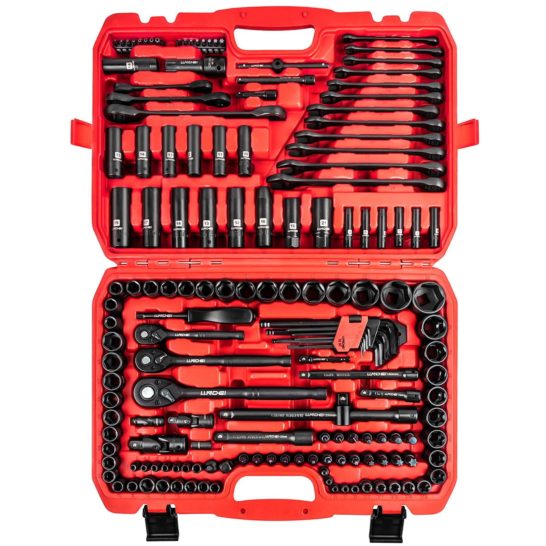 LLNDEI 160-Piece Mechanics Tool Set, Metric Socket Set 1/2 1/4 3/8 inch Drive Professional Tool Kit, CR-V Deep & Shallow Kit with Quick Release Ratchet