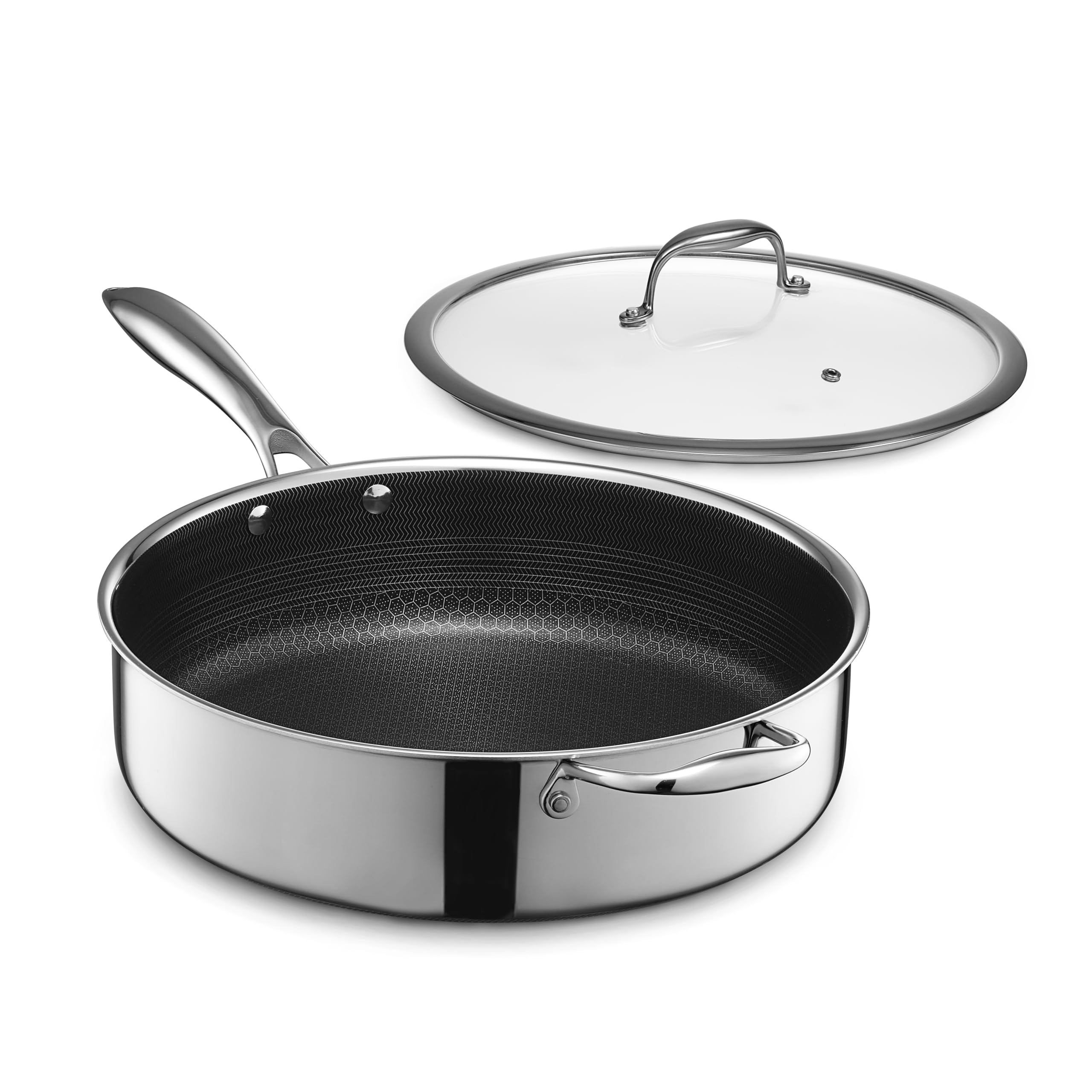 HexClad Hybrid Nonstick 5.5-Quart Deep Sauté Pan with Tempered Glass Lid, Stay-Cool Handle, Dishwasher-Friendly, Oven-Safe Up to 900°F, Induction-Ready, Compatible with All Cooktops