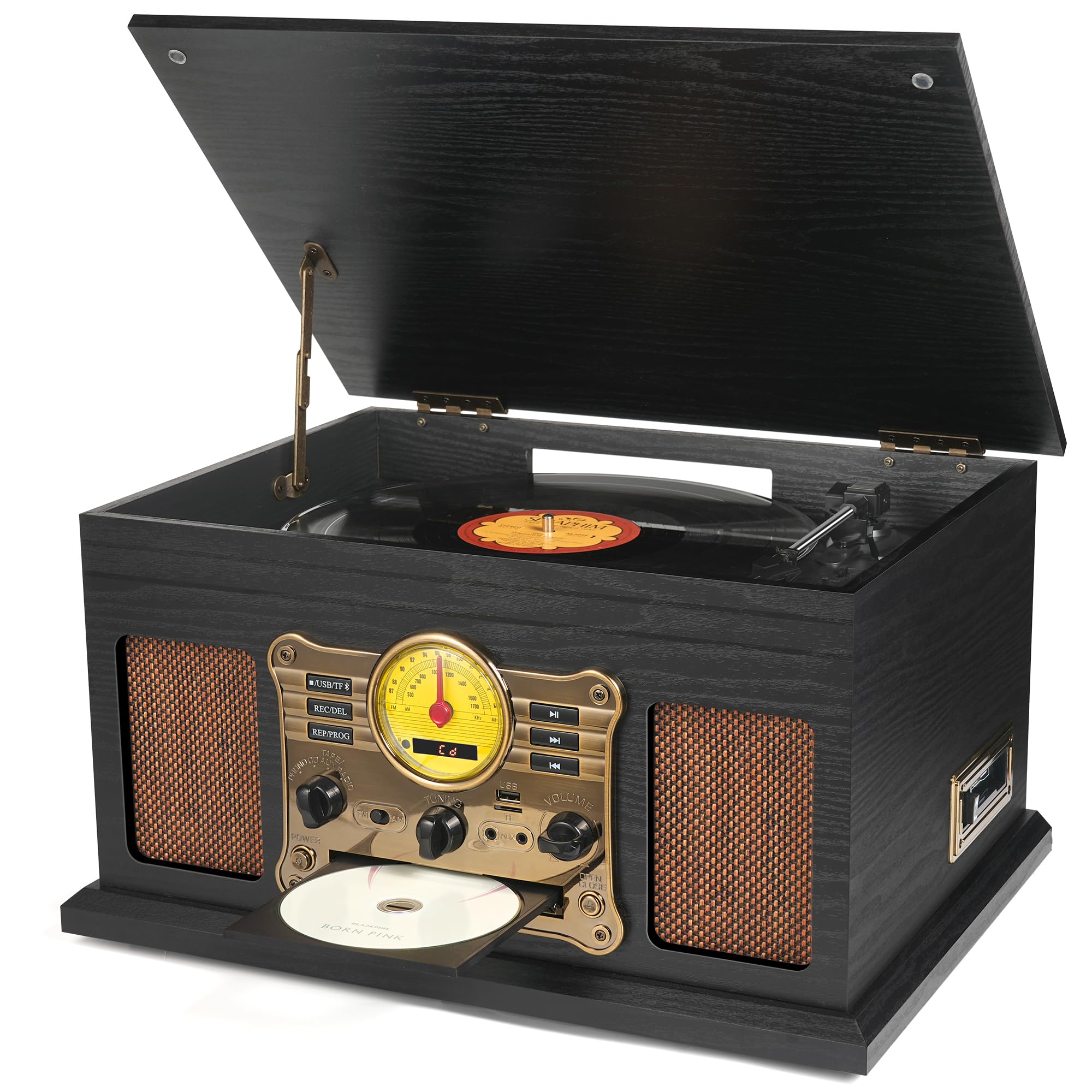 10 in 1 Vintage Bluetooth Record Player Turntable with Built-in Speakers, Vinyl Turntable CD Cassette Player & AM/FM Radio Combo Multimedia Center, USB Recording, RCA Out AUX in, Black Wood