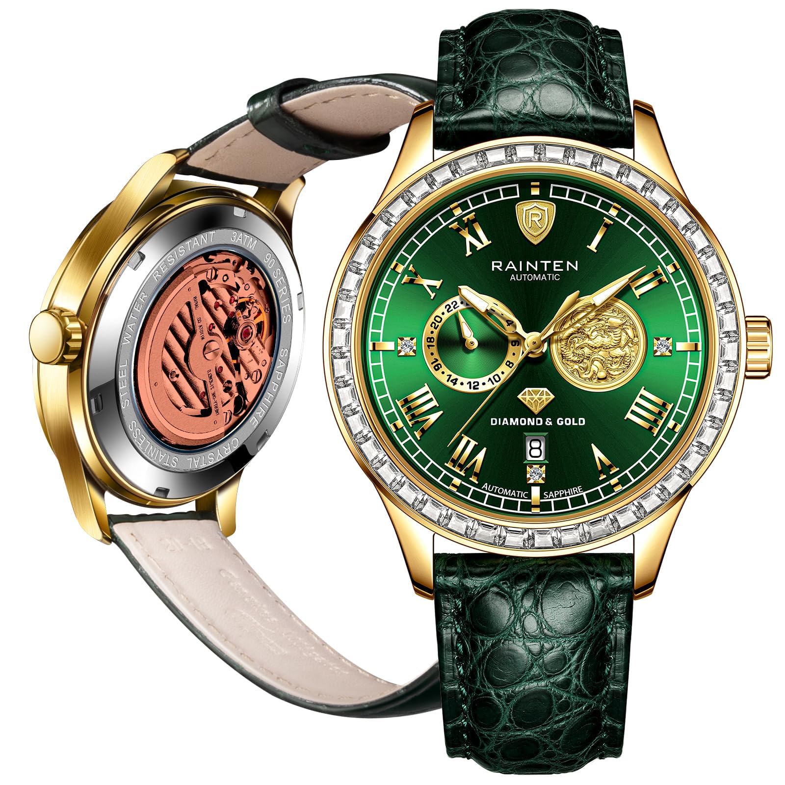 RAINTEN R9001 Men's Wrist Watches, Luxury Mechanical Watches for Men with 999 Gold, Leather Band & Date Calendar Luminous Automatic Mens Watches