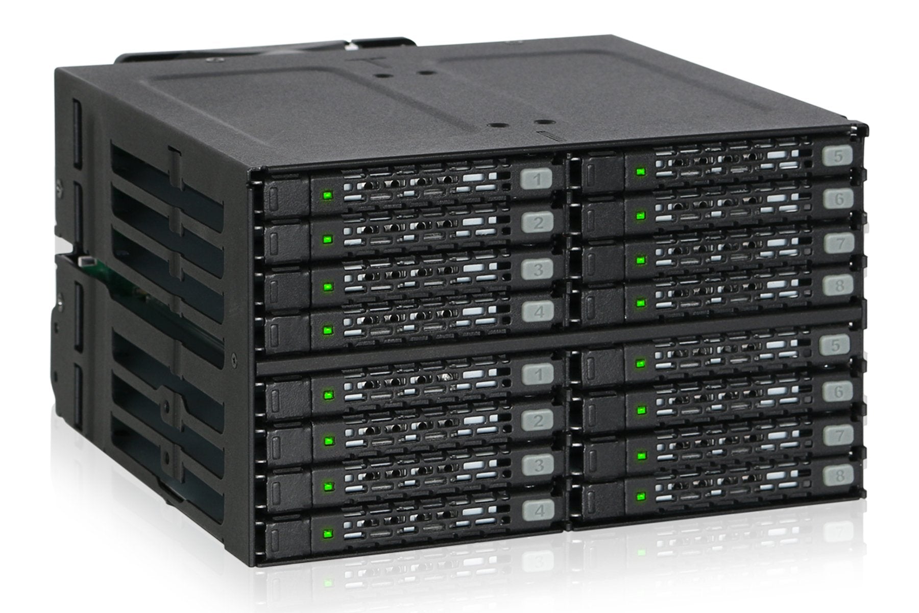 ICY DOCK Full Metal 16 x 2.5 SAS/SATA HDD/SSD Mobile Rack Enclosure for 2 x 5.25 Bay (4 x MiniSAS HD) | ToughArmor MB516SP-B