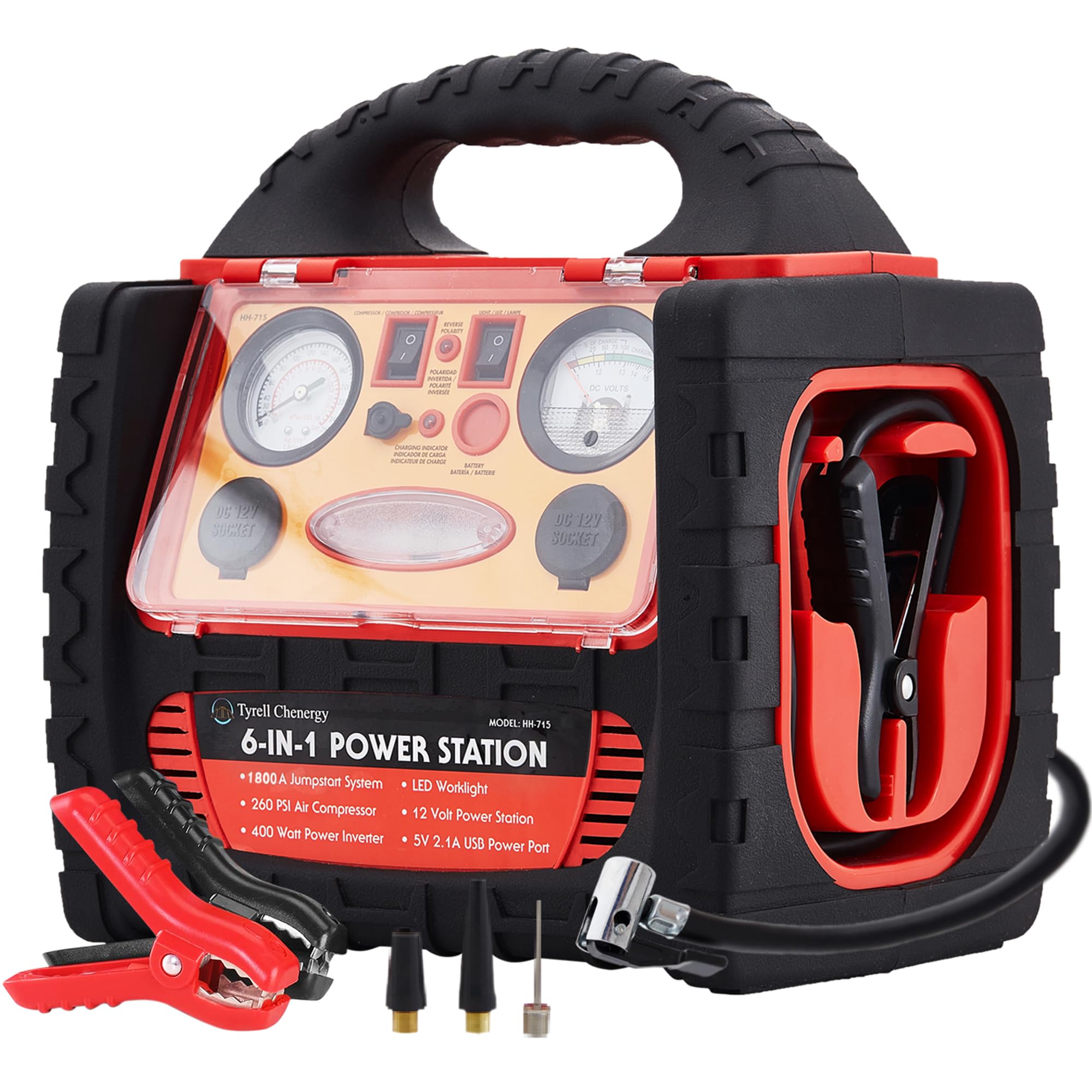 Tyrell Chenergy 1800 Amp Car Jump Starter with Air Compressor,Portable Power Station with 260 PSI Tire Inflator,400W Power Inverter Dual AC/DC Ports,2.1A USB Port,Battery Clamps