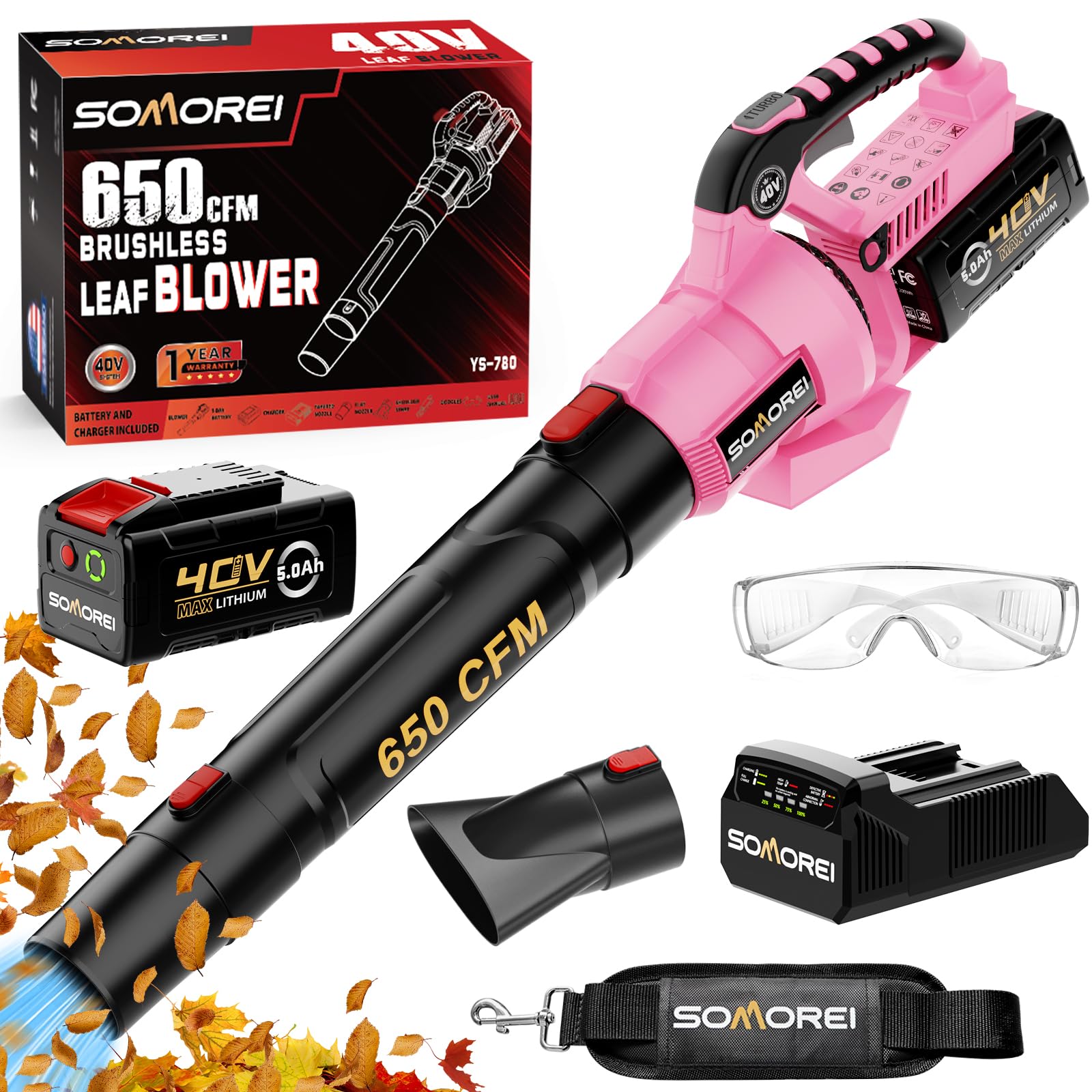 SOMOREI 650 CFM Lightweight Powerful Leaf Blower Cordless with 40V Battery and Fast Charger, Brushless Yard Garden Blowers for Lawn Care Pink