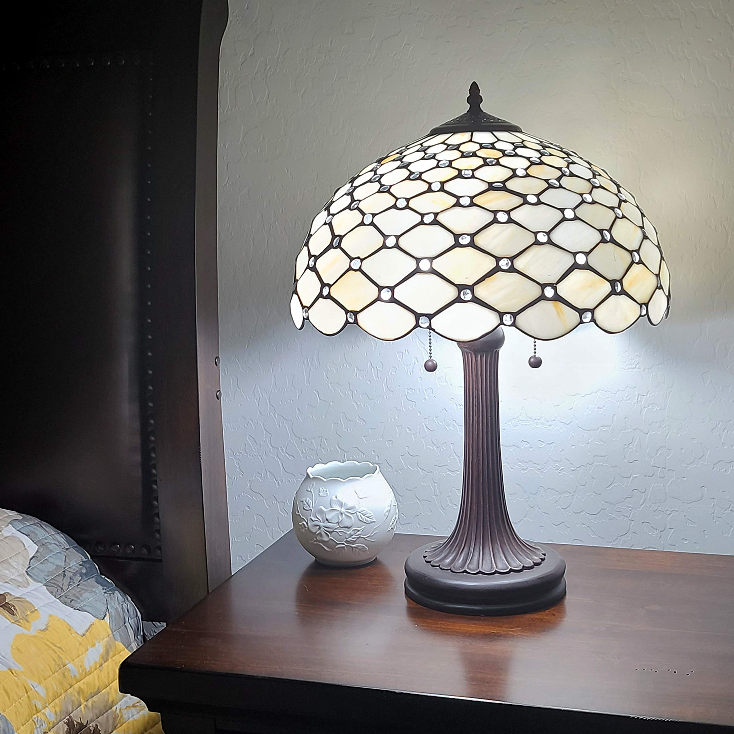 Tiffany Style Table Lamp Banker Jeweled 26" Tall Stained Glass White Yellow Stains Antique Vintage Light Decor Nightstand Living Room Bedroom Handmade Gift AM1041TL16B Amora Lighting