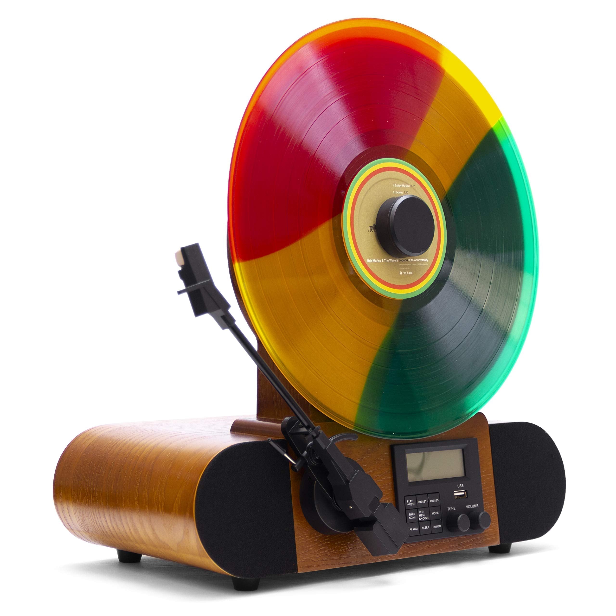 Fuse Vert Vertical Vinyl Record Player | FM Radio, Bluetooth, AUX, USB | Alarm Clock | Audio Technica Cartridge | Full Range Speakers | Vintage Mid Century Modern | Handcrafted Ashtree Wood