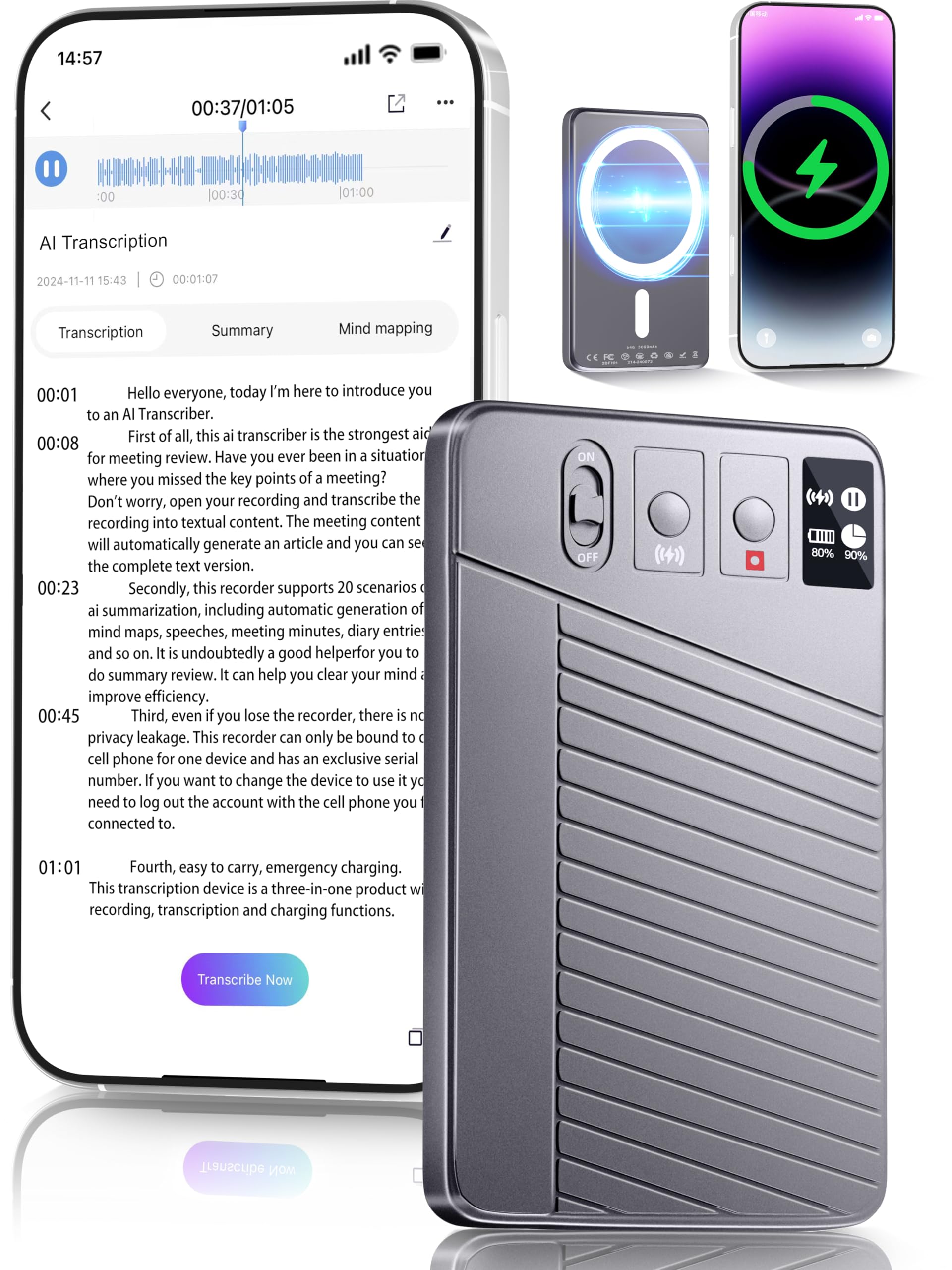 AI Voice Recorder - Record,Transcribe,Charge 3 in 1,Support 107 Languages,Avoid Missing Meeting Highlights,64 GB,ChatGPT Driven AI Summarization,App Control,Mind Mapping,Bluetooth Distance 50ft