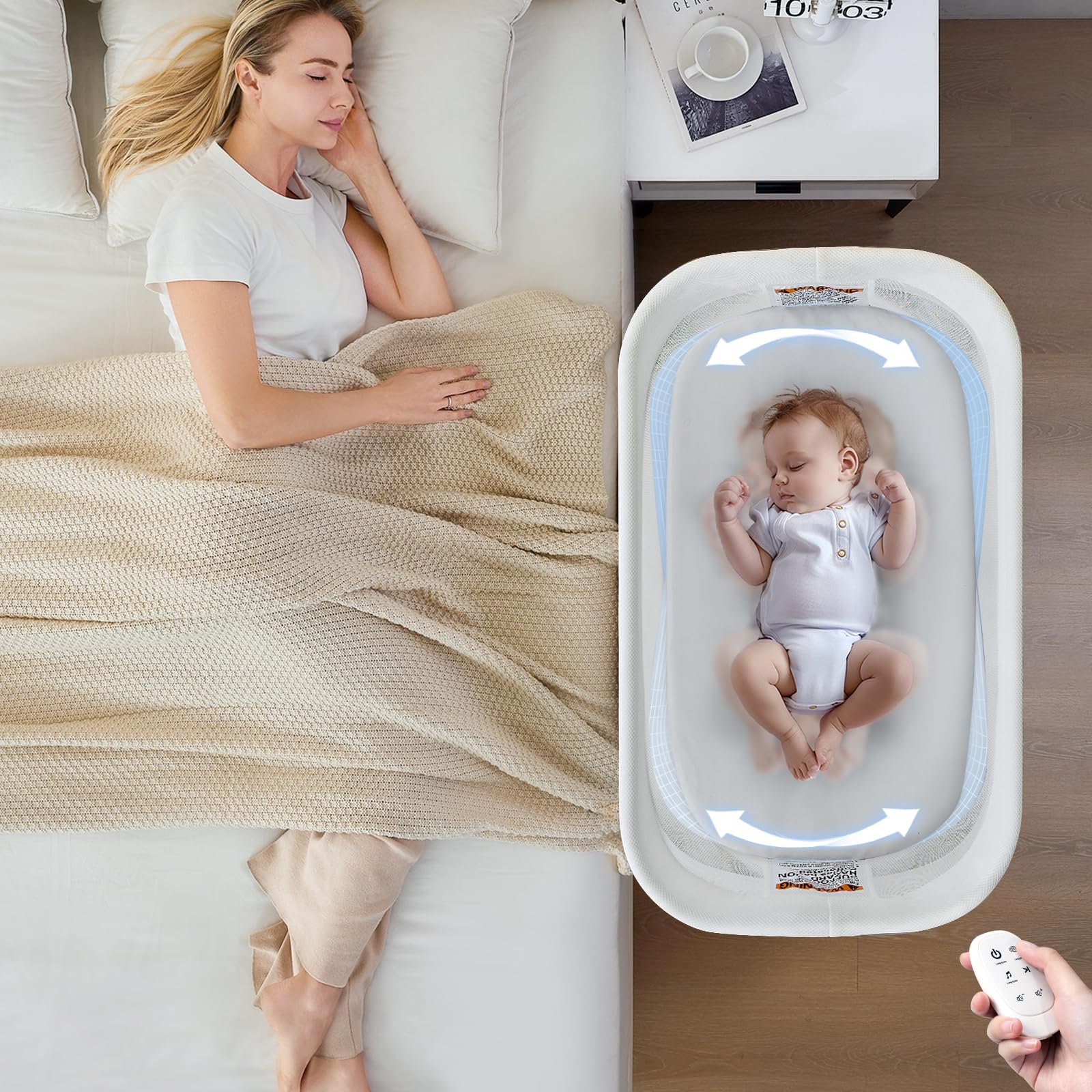 VaVaSoo Electric Bassinet for Baby 3 Rocking Speeds, Auto Bedside Sleeper with 8 Soothing Music, Rocking Bassinet for Infant, Grey