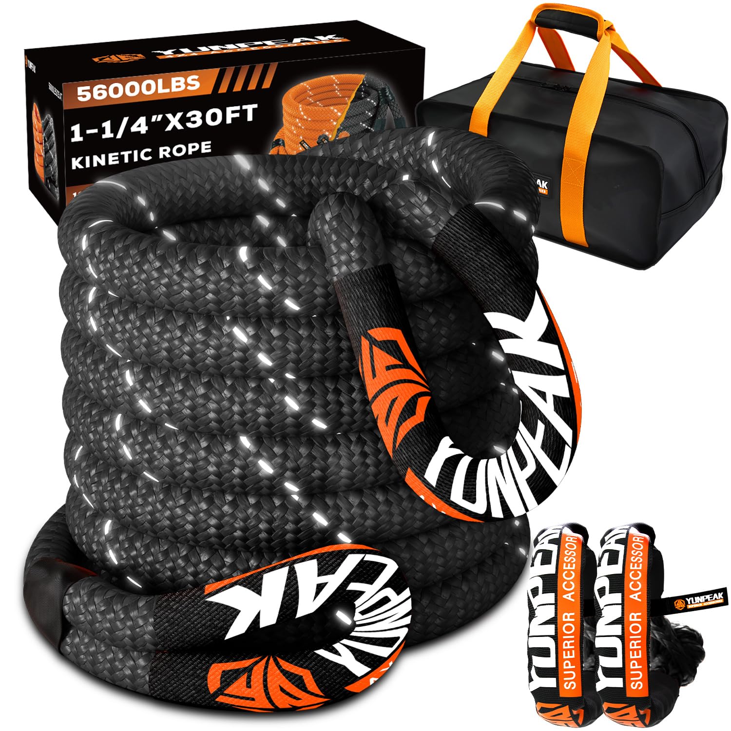 YUNPEAK 1.26" x 30ft Kinetic Recovery Tow Rope (56,000lbs) with 2 UHMWPE Soft Shackles Heavy Duty Offroad Recovery Rope for Trucks SUV UTV ATV Tractor Car Jeep (Black)