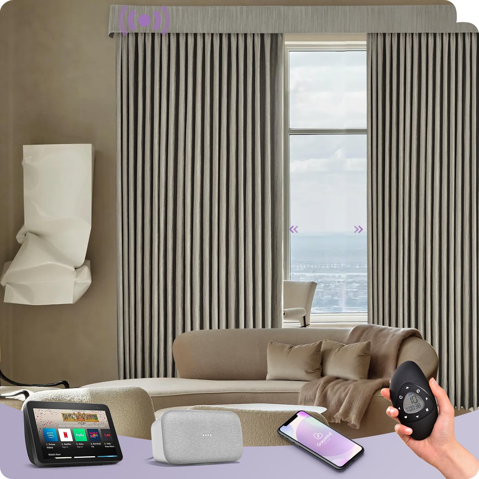 Graywind Hardwired Smart Curtains Compatible with Alexa Google Remote Control Motorized Drape for Sliding Door One-Way or Split Draw, Custom Width to 220" (Cloud Series)