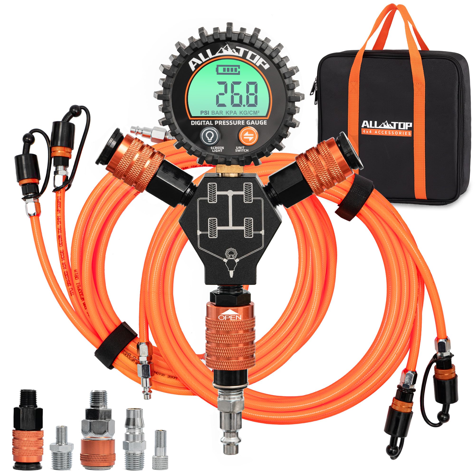 ALL-TOP 4 Tire Inflation & Deflation System, Up to 200" Wheelbase, Rapid High-Flow Air Up Down Kit w/Digital Pressure Gauge & Worry-Free Quick Fitting Package
