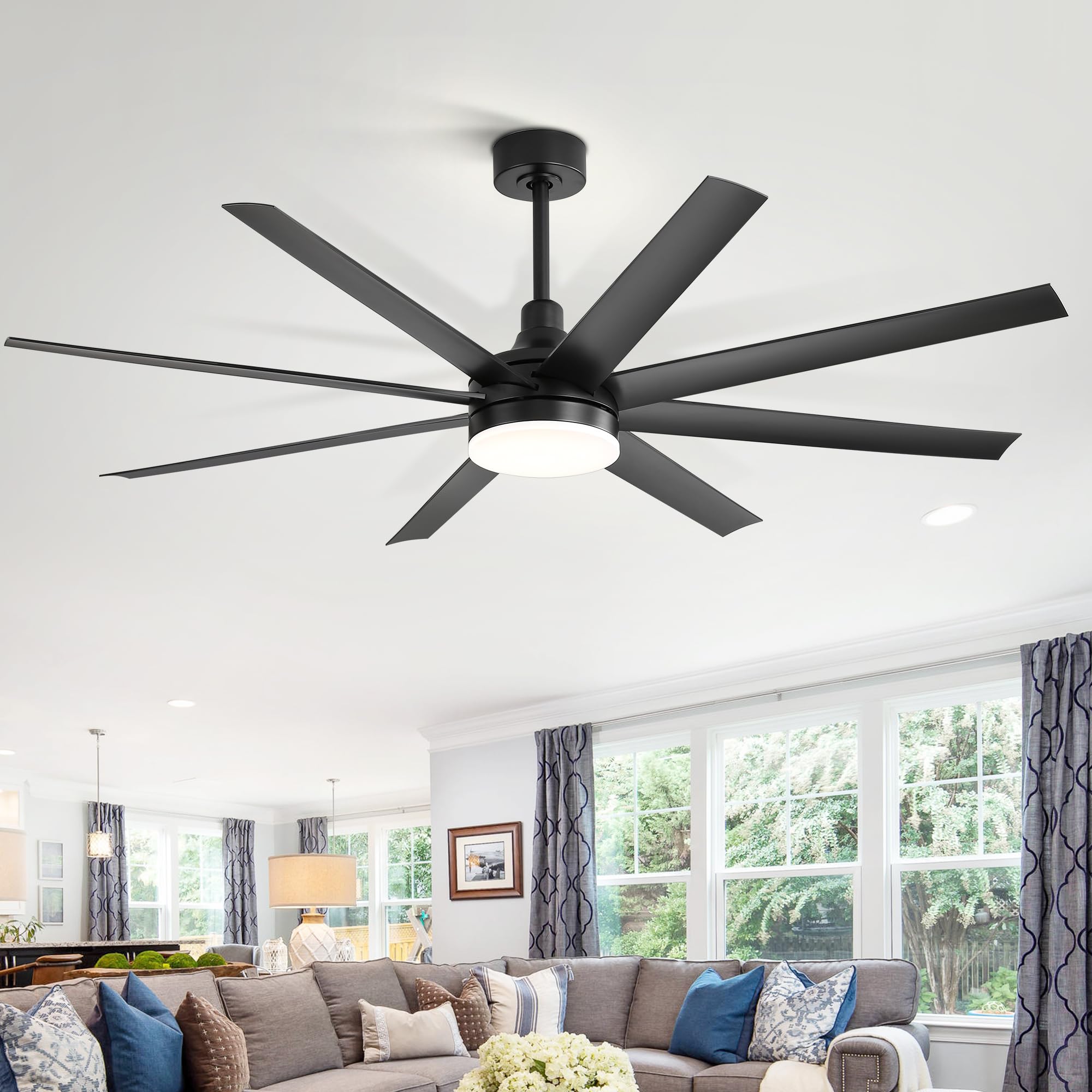 65 Inch Ceiling Fan with Light and Remote, 8-Blade, Reversible DC Motor, 6-Speed, Timer, Industrial Ceiling Fans with Led Light Chandelier for Bedroom Office (Black)