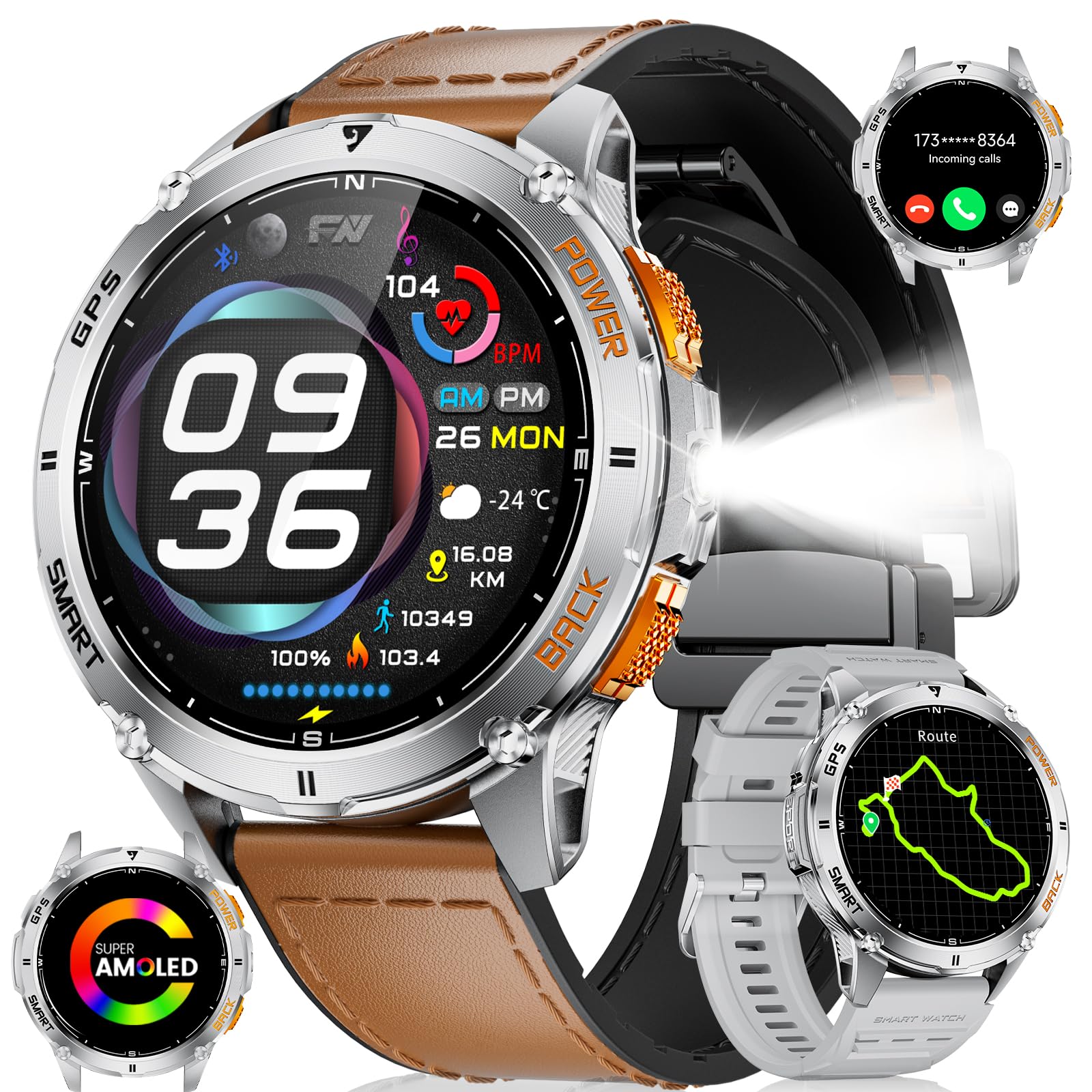 LIGE GPS Smart Watch for Men, 1.43" AMOLED/LED Flashlight/Compass Smartwatch, IP68 Waterproof/Swim Mode/100+ Sports Mode Fitness Tracker Watch, Military Smart Watches for Android iPhone Compatible