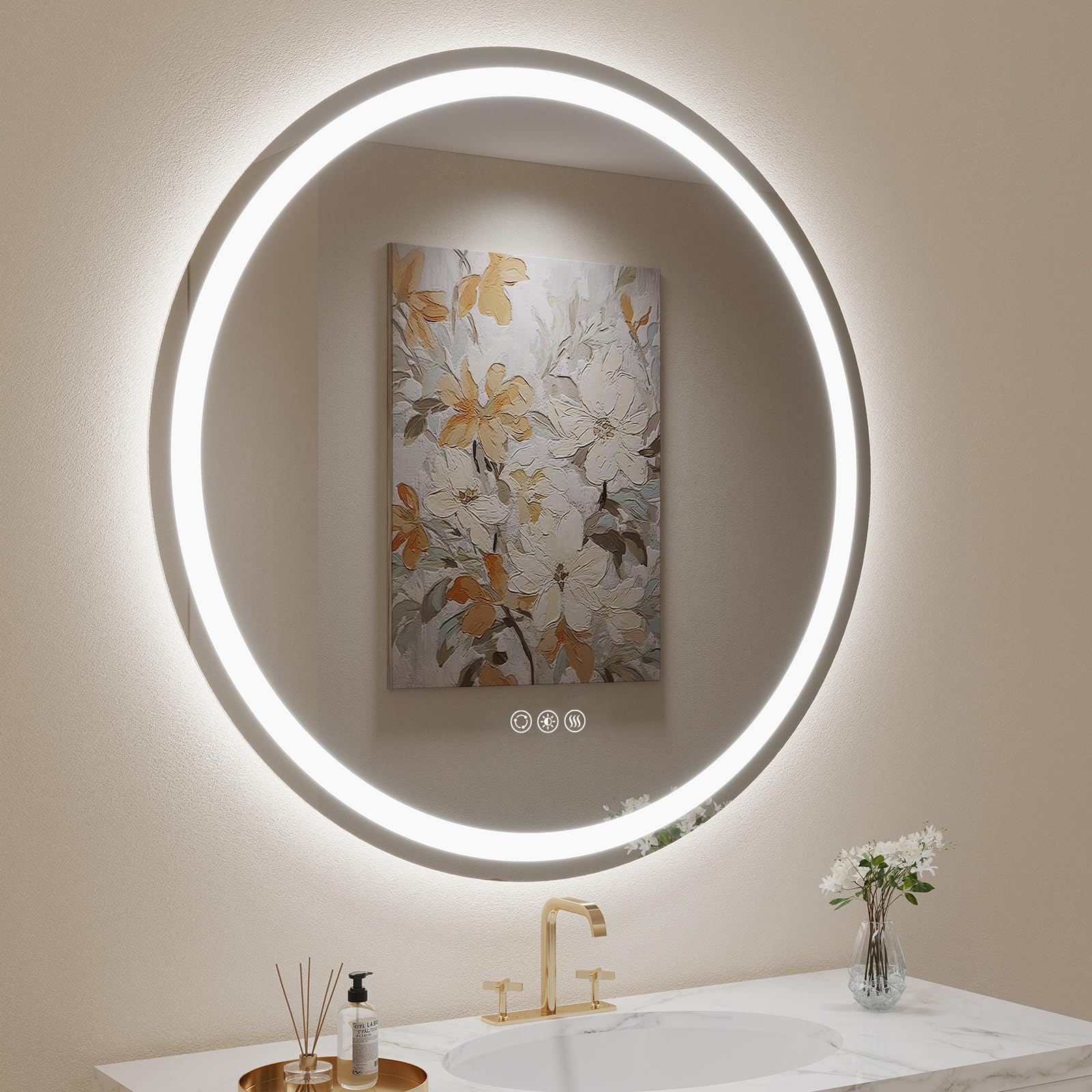 LOVESPEJO 36" Round LED Mirror for Bathroom, Anti-Fog LED Bathroom Vanity Mirror with Lights, Dimmable, 3 Colors, IP54 Waterproof
