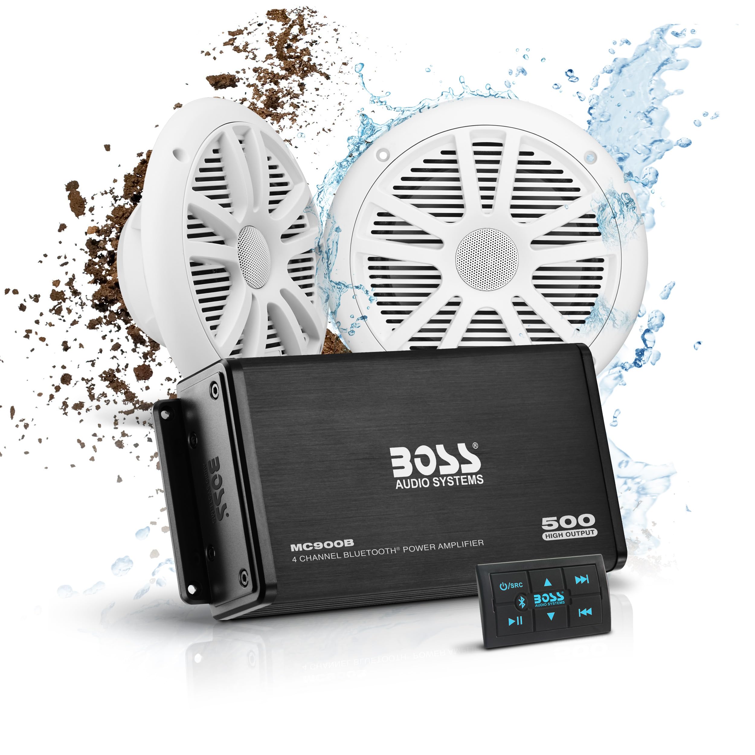 BOSS Audio Systems ASK902B.6 Marine Boat 6.5 inch Speakers and 4 Channel Amplifier Package - 500 High Output, Bluetooth Remote, Waterproof Pouch