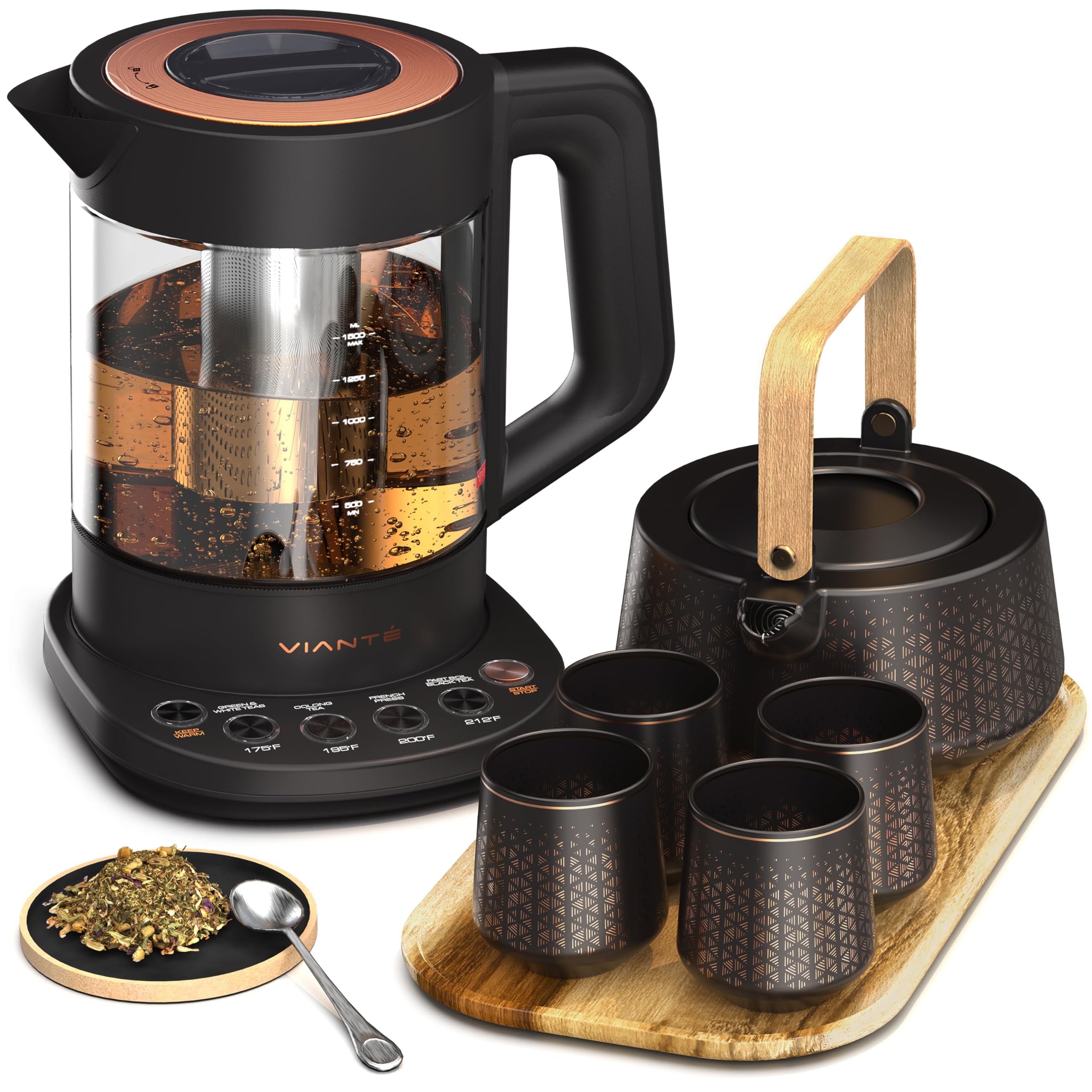 Vianté Luxury Tea Set. Electric Kettle with Tea Infuser for Loose Leaf Tea And Ceramic Serving Set. Tea Pot And Cups Set With Wooden Tray. Excellent Gift Idea For Tea Lovers.