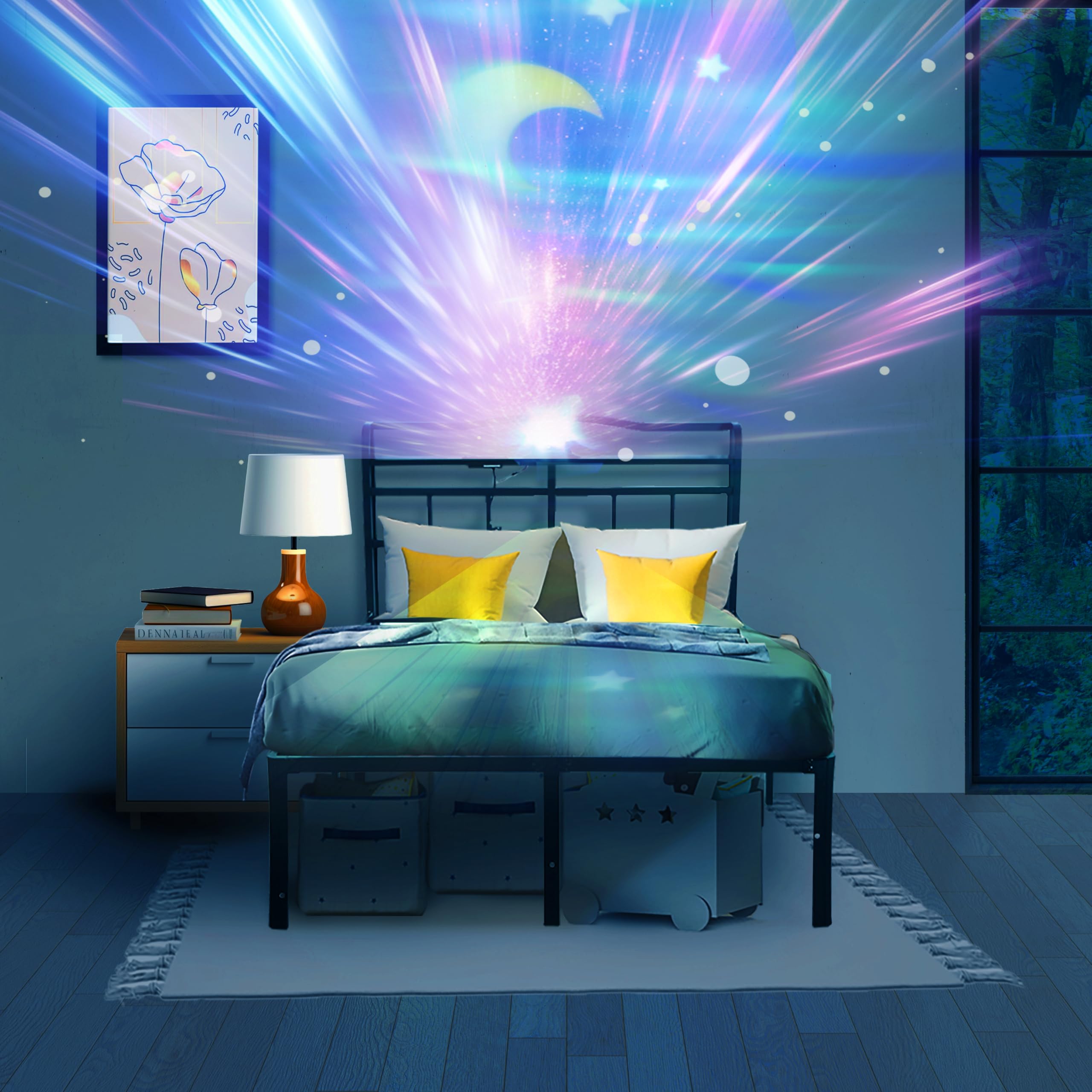 XXF Full Size Bed Frame for Teenager,18IN No Box Spring Needed, Storage Rack with Charging Station & Northern Galaxy Light Aurora Projector for Gift (Full)