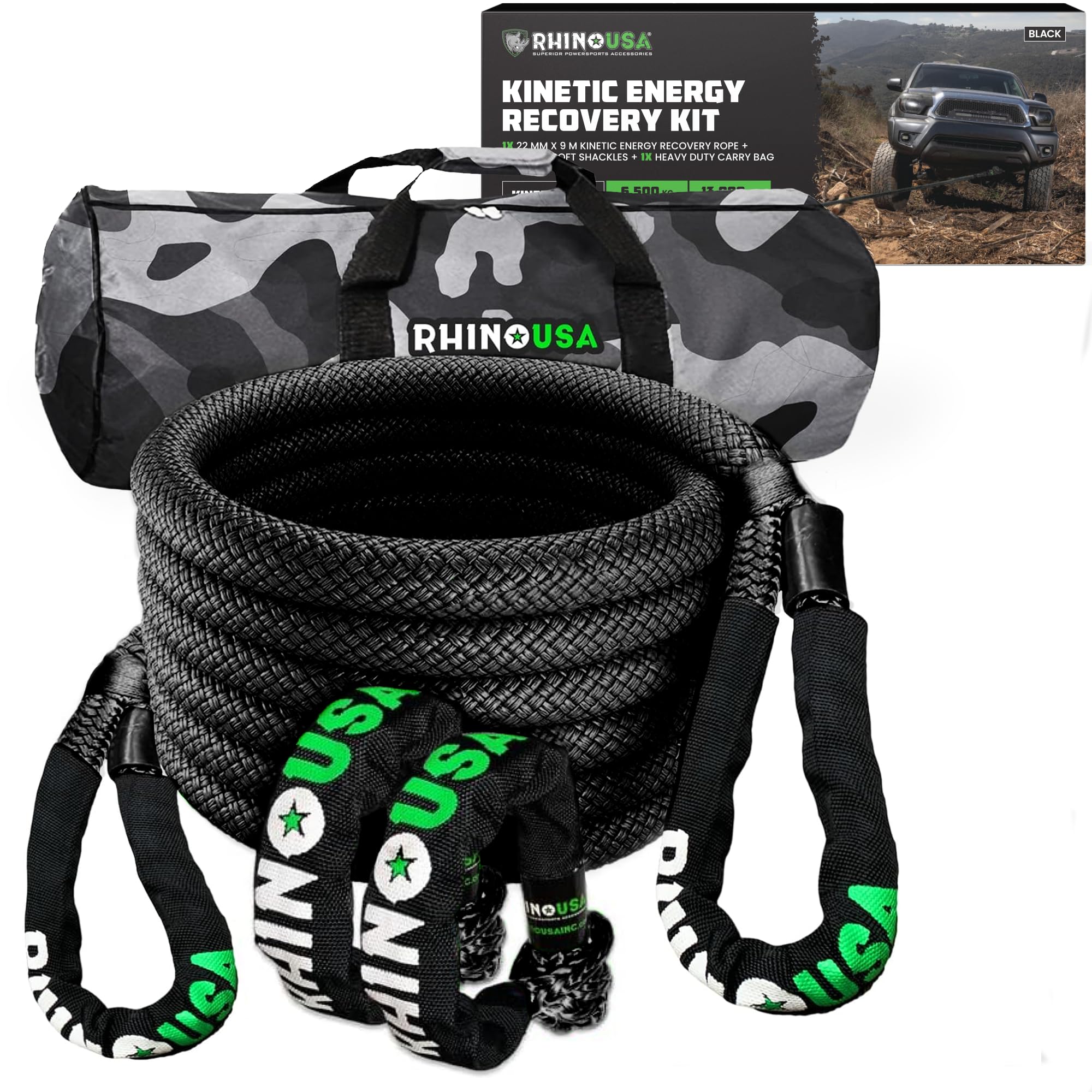 Rhino USA Kinetic Rope Recovery Kit (7/8in x 30ft) - Heavy Duty Offroad Snatch Strap - Includes 2 Soft Shackle for UTV, ATV, Truck, Car, Jeep, Tractor