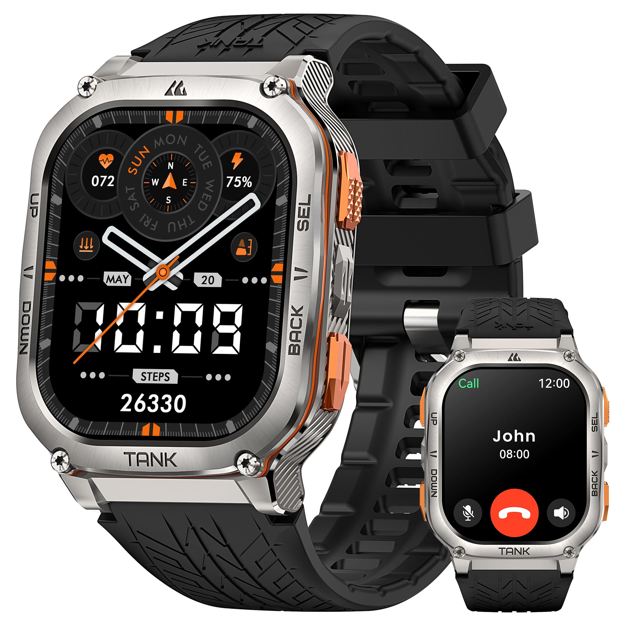 KOSPET Tank M3 Ultra Smart Watch with GPS, 5ATM Waterproof, Compass, Altitude, Air Pressure, Extra Large Battery, Full Stainless Steel, Bluetooth Call, 1.96'' AMOLED Always-on Display, AI Voice