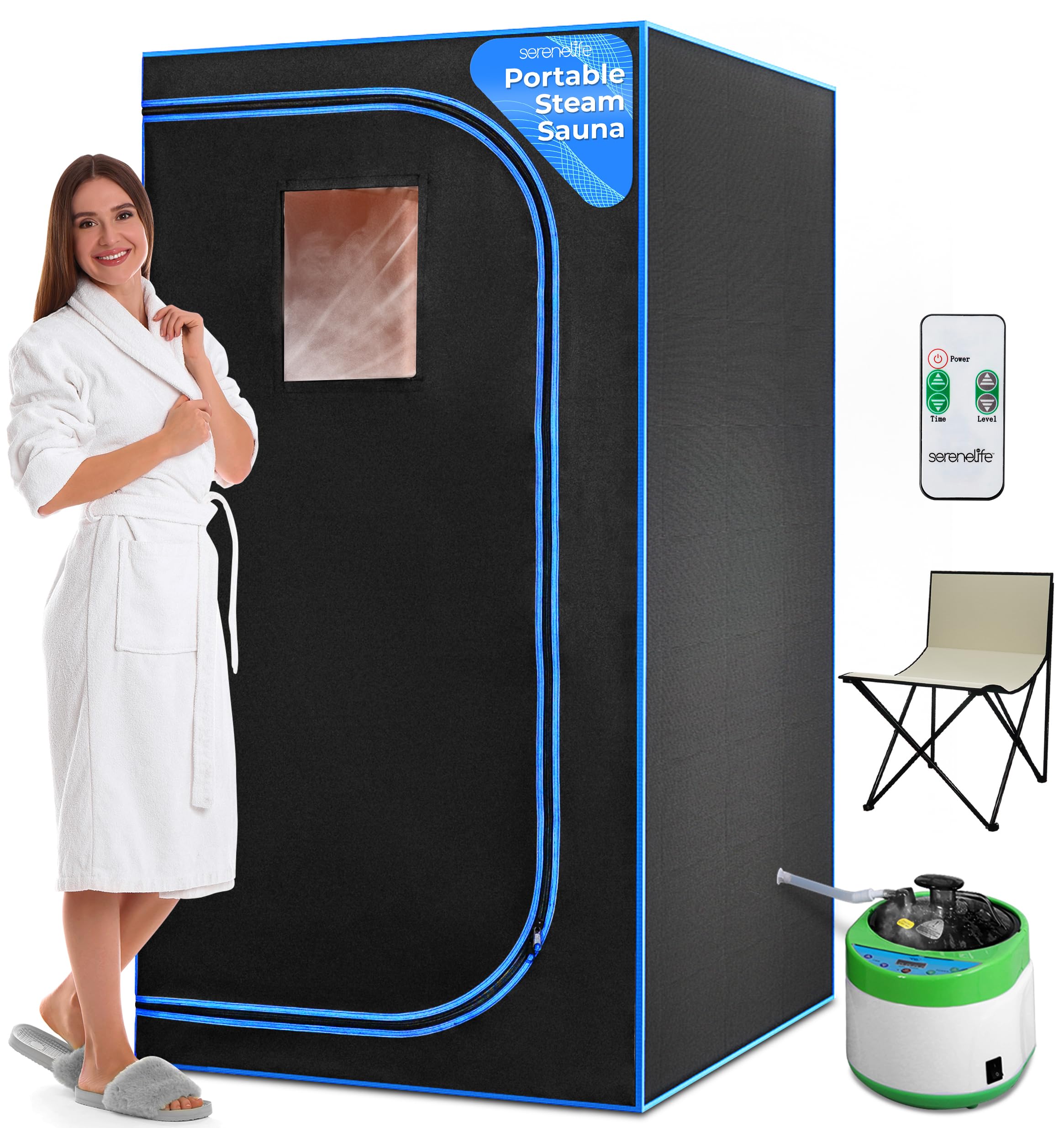 SereneLife Portable Sauna Box for Home, Steam Sauna Tent with Extra Large 4L Steamer - Includes Folding Sauna Chair, Remote Control w/ 9 Heat Levels for in-Home Spa - 2.95' x 2.95' x 5.9'