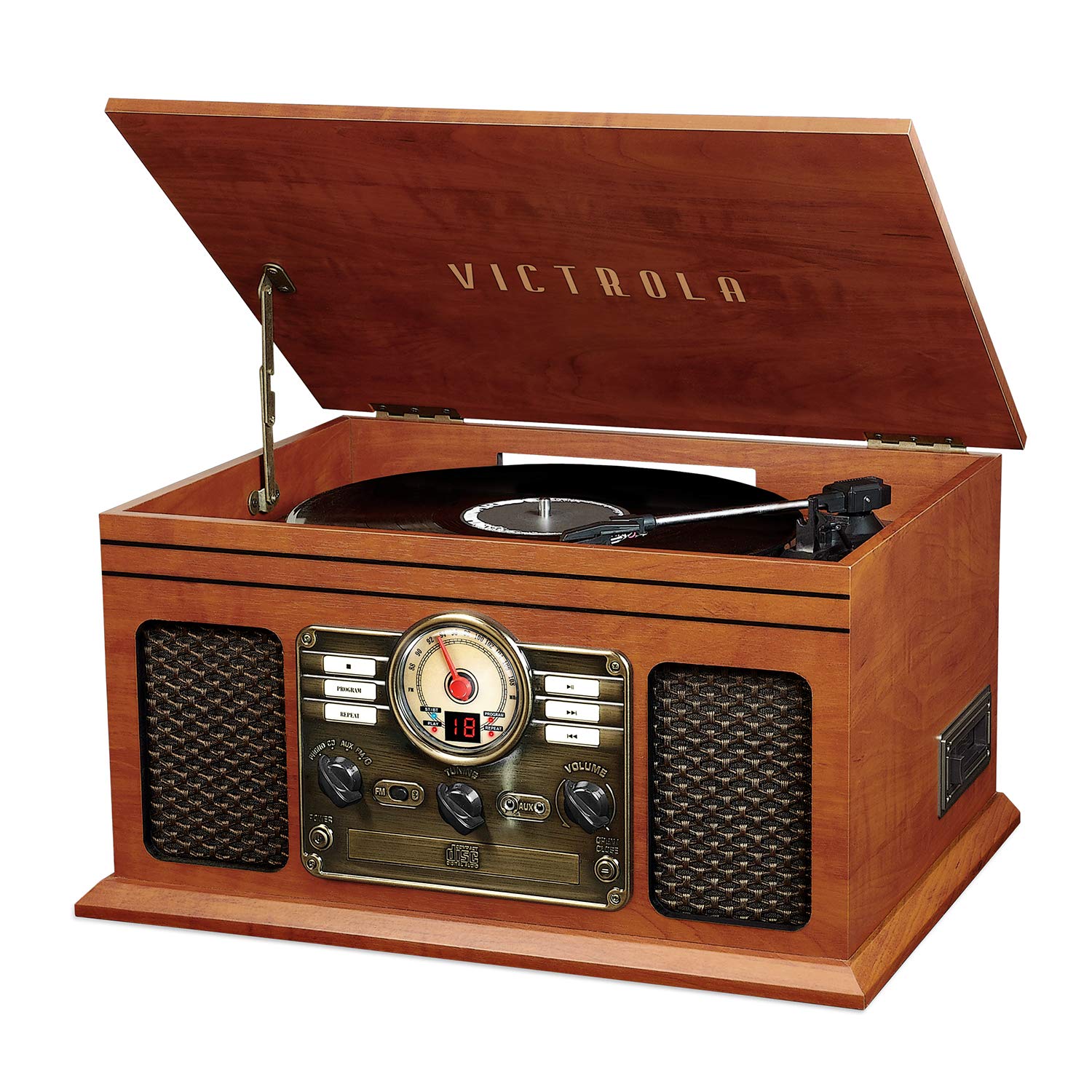 Victrola Nostalgic 7-in-1 Bluetooth Record Player & Multimedia Center with Built-in Speakers - 3-Speed Turntable, CD & Cassette Player, FM Radio | Wireless Music Streaming | Mahogany