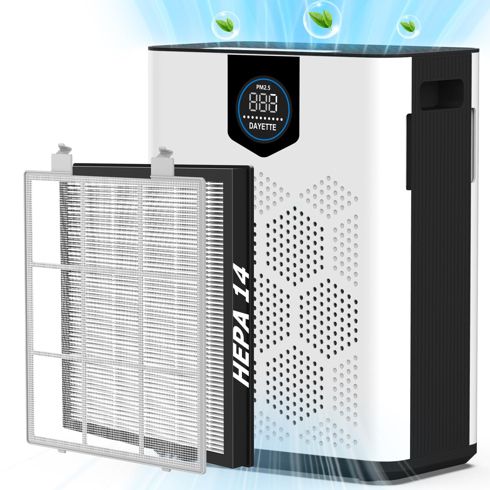 DAYETTE Air Purifiers for Home with H14 Hepa Filters, Air Purifiers for Home Large Room with Washable PreFilters Up to 3000 Ft², Double Air Intake, Air Quality Monitor, 22dB Sleep Mode for Bedroom